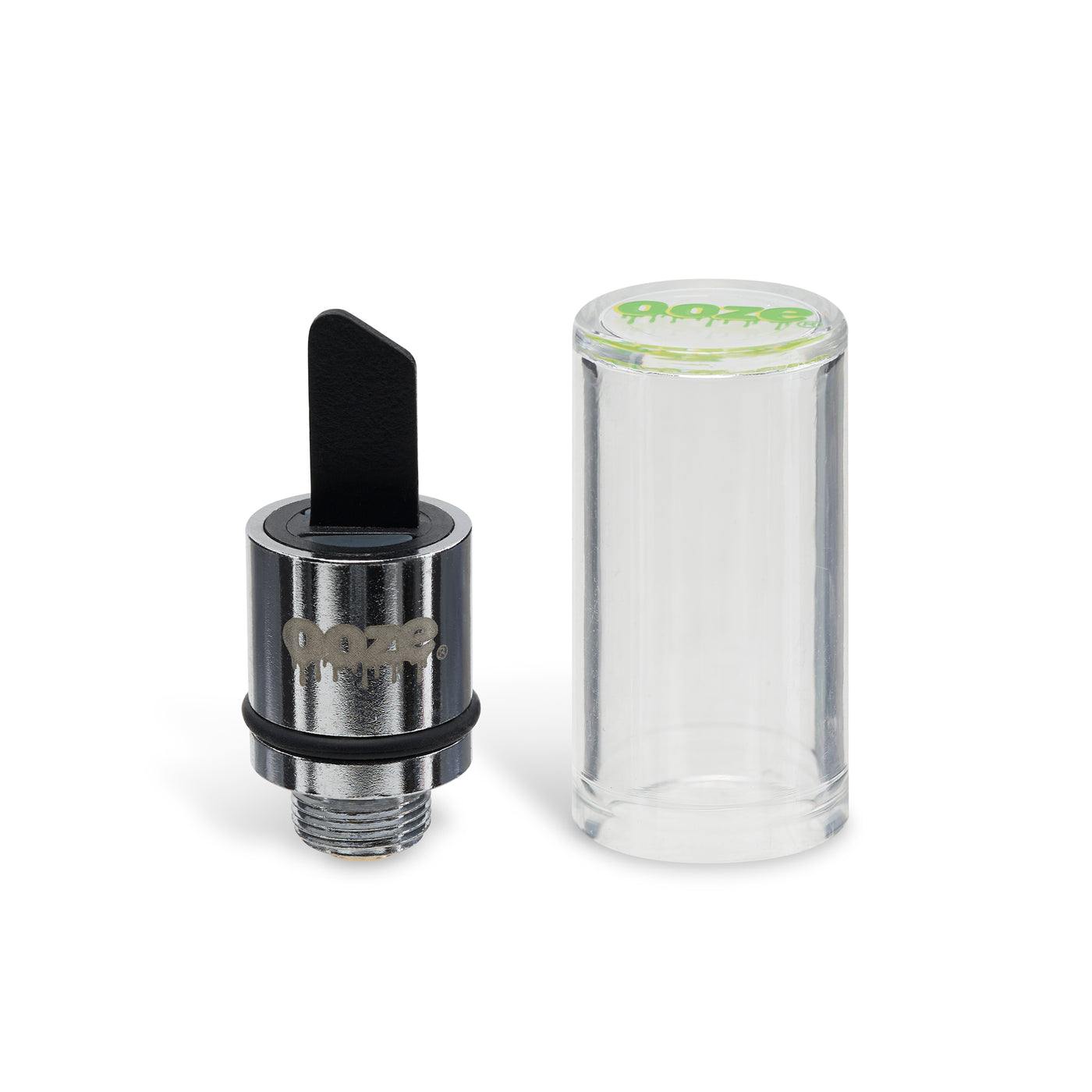 The chrome Ooze Hot Knife stands upright next to its plastic travel cap