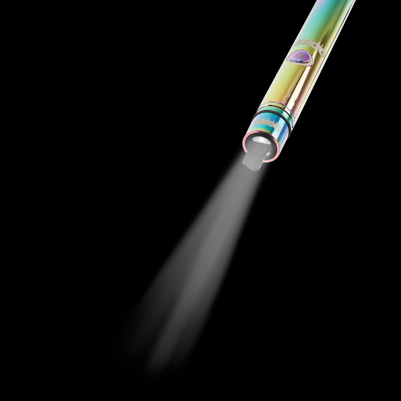 The rainbow Ooze Hot Knife if connected to a battery and turned on, shining the LED at the camera