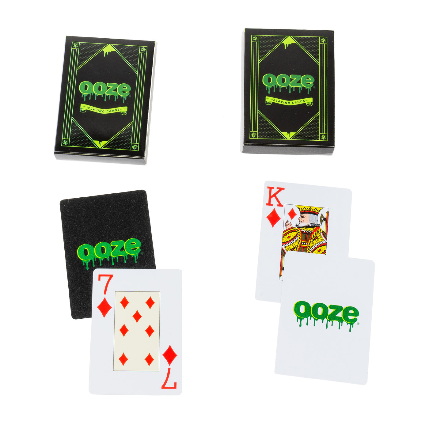 Examples of front and back of Ooze poker set playing cards and their box