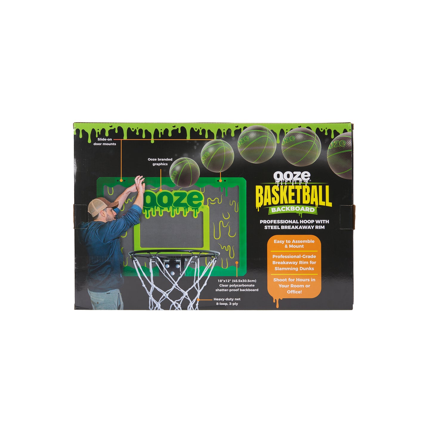 The back of the box for the Ooze Mini Basketball Hoop Set