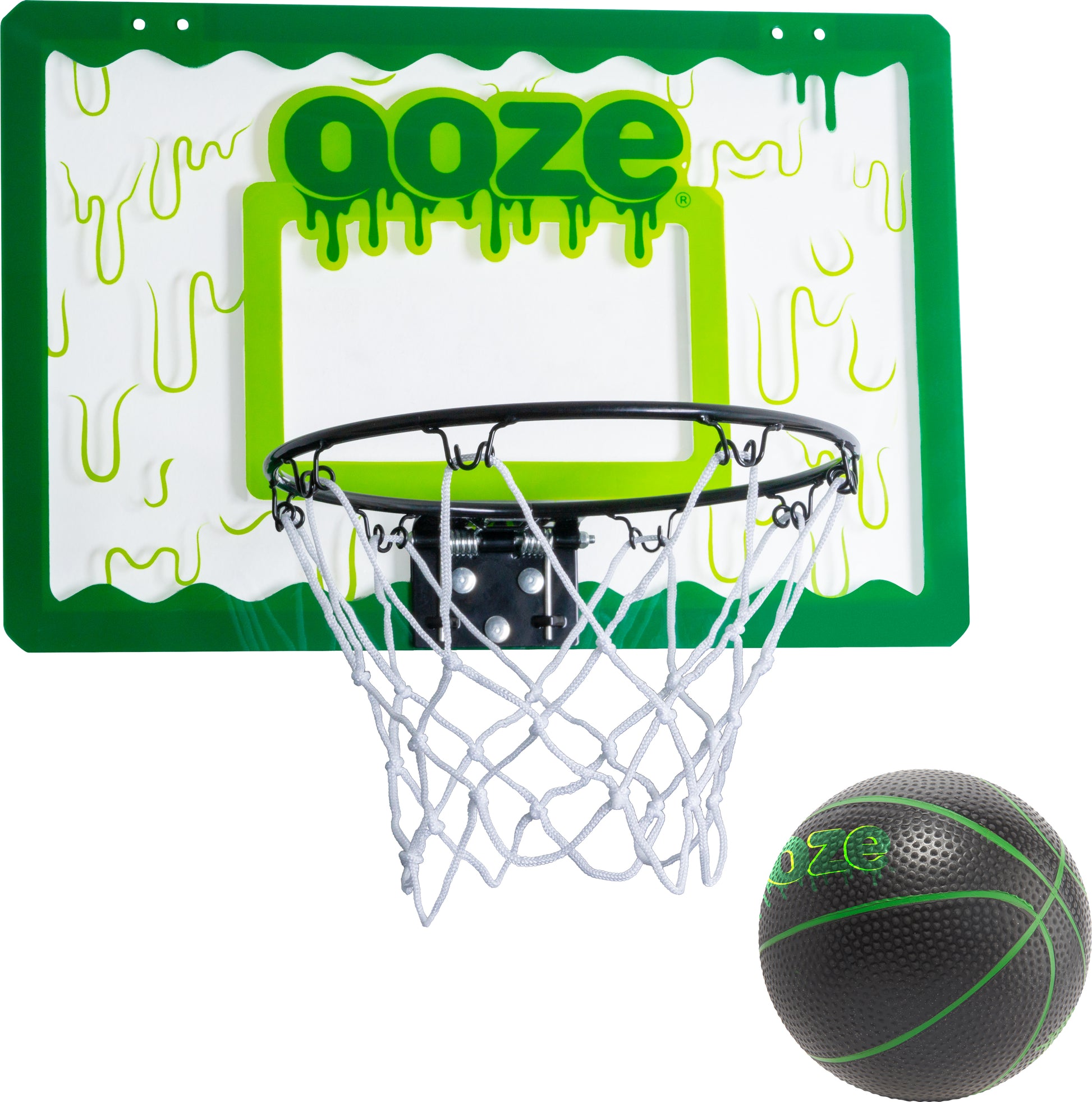 The Ooze Mini Basketball Hoop has a clear backboard with green accents and an Ooze logo. The mini black and green basketball is to the lower right