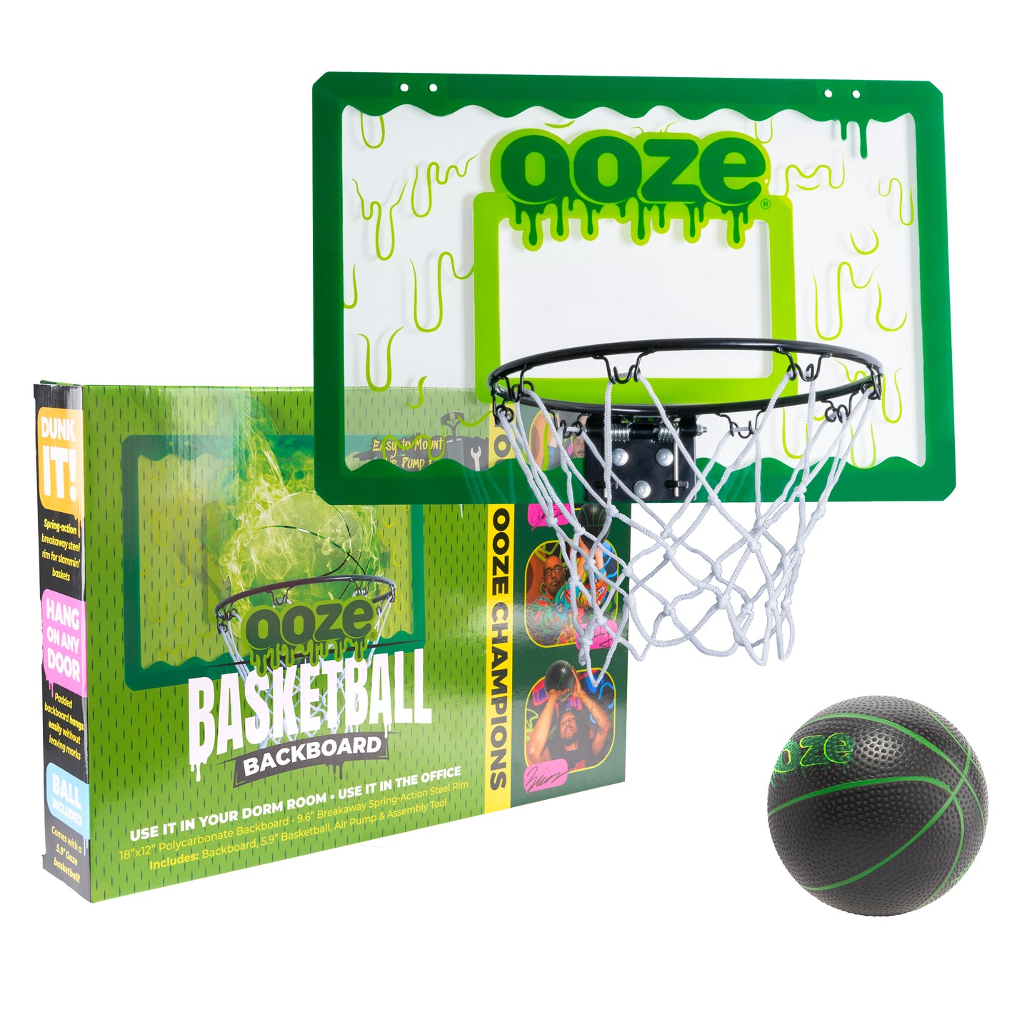 The Ooze Mini Basketball Hoop Set shows the hoop and black mini basketball next to the set's box