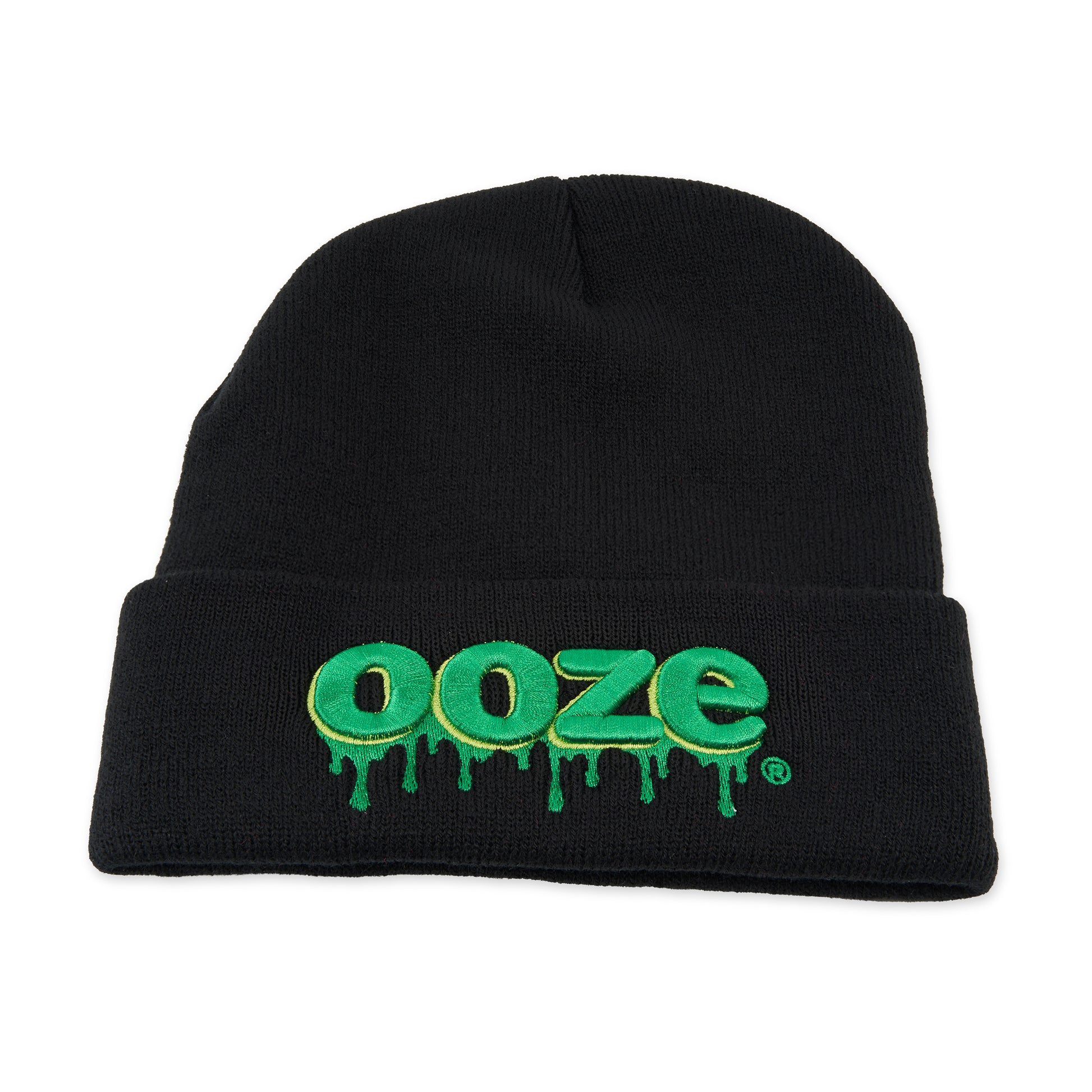 The black Ooze beanie is laid flat on a white background