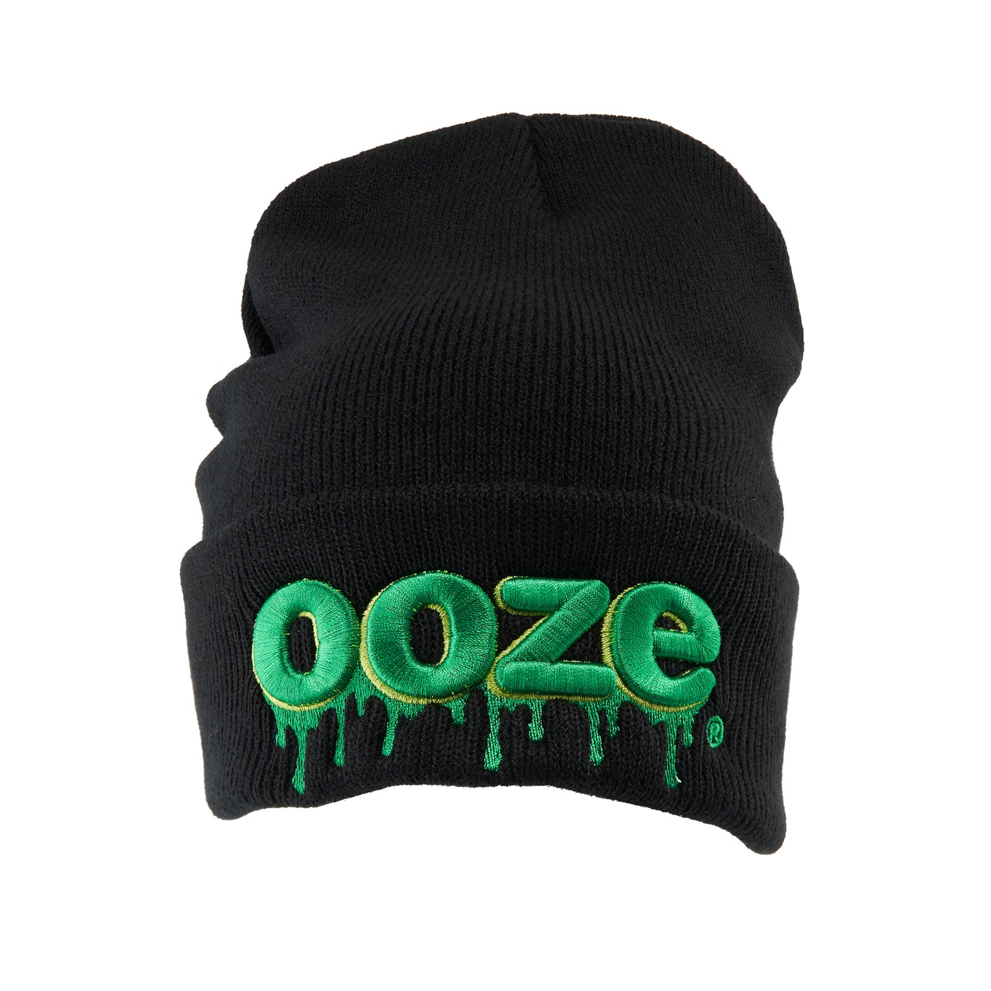 An invisible person is wearing the Ooze black Beanie. It has a wide fold-over part with a big Ooze logo.