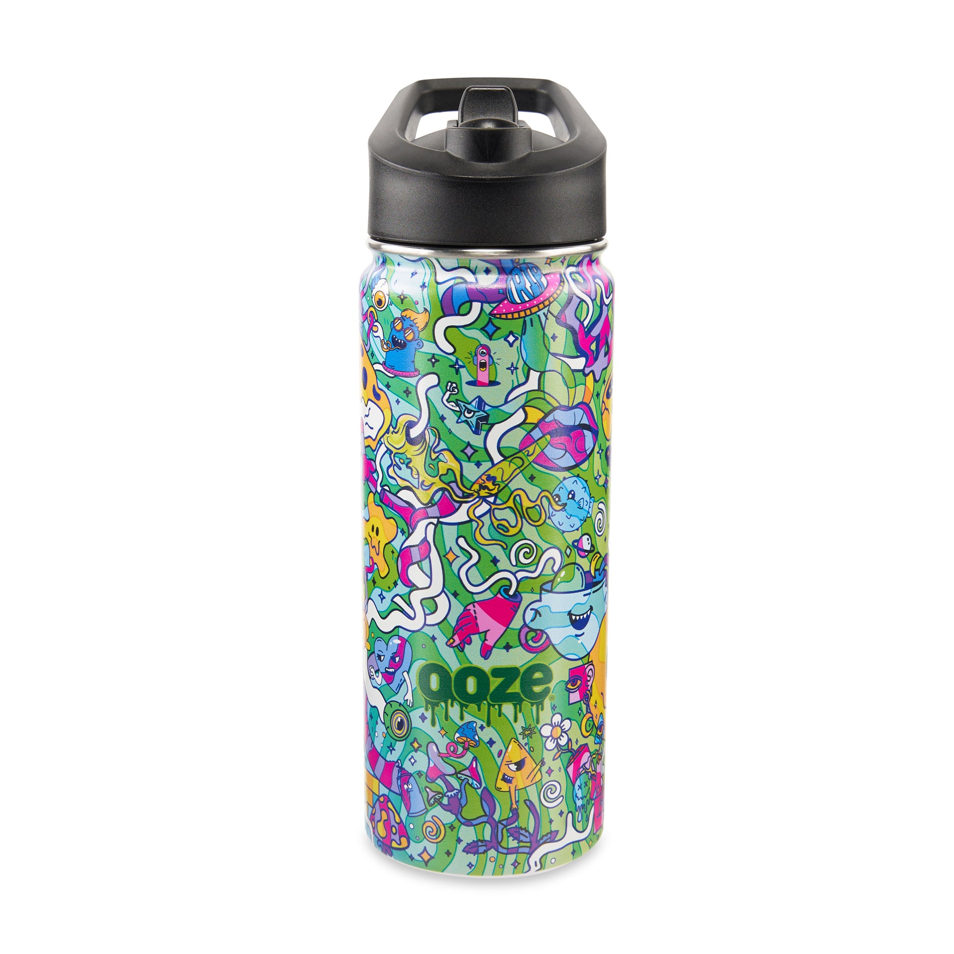 The Ooze Chroma water bottle is facing the camera straight-on with the lid closed. The Ooze logo on the bottle is facing the camera.