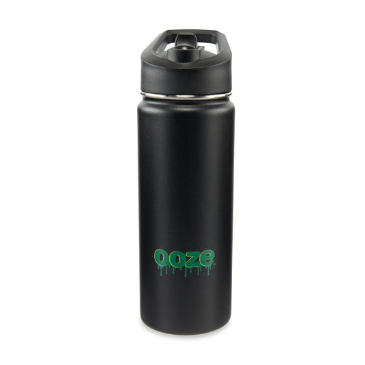 The black Ooze Water Bottle is shown with the mouthpiece closed and the ooze logo facing the camera straight-on.
