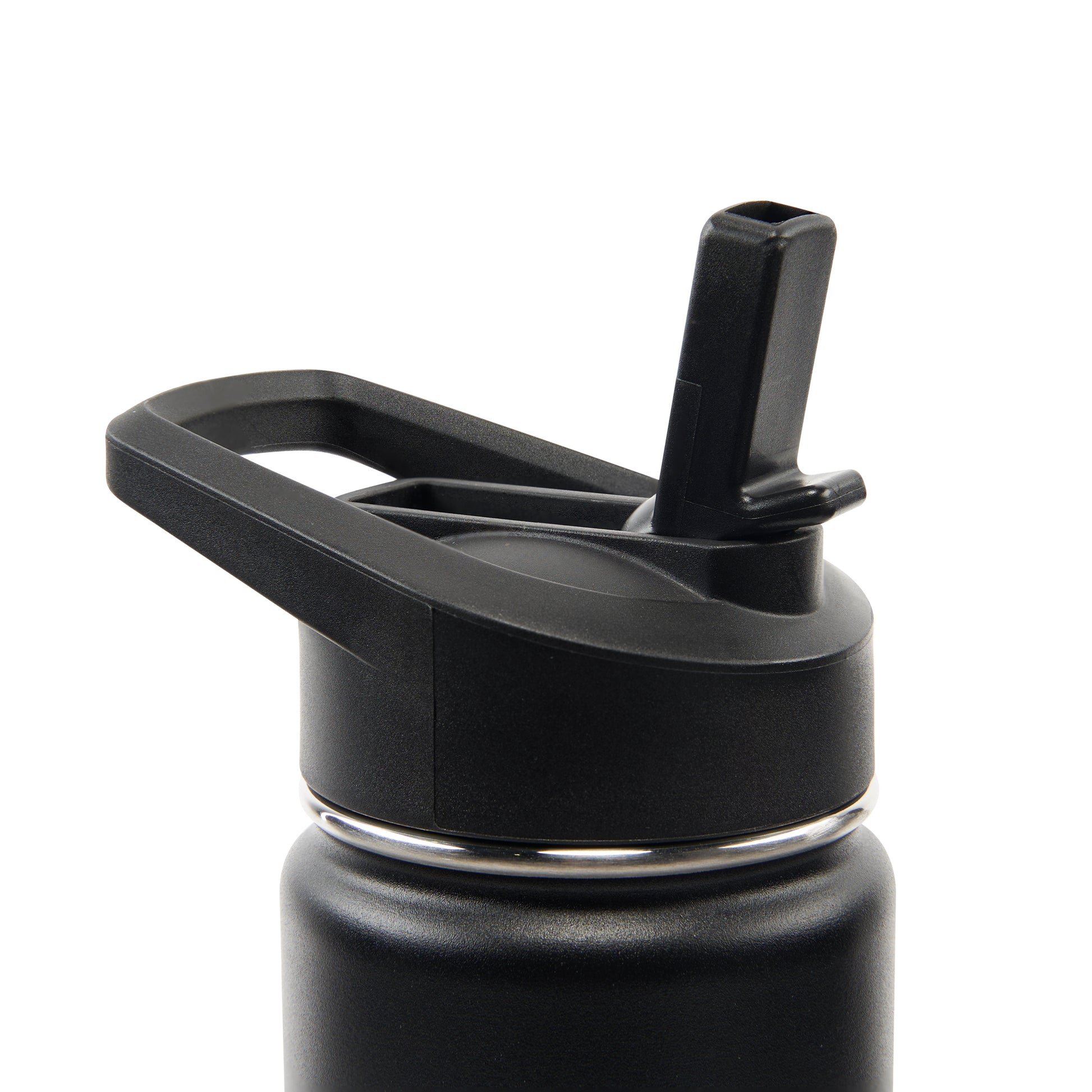 A close-up shot of the black Ooze water bottle's lid shows the flip cap mouthepiece open.