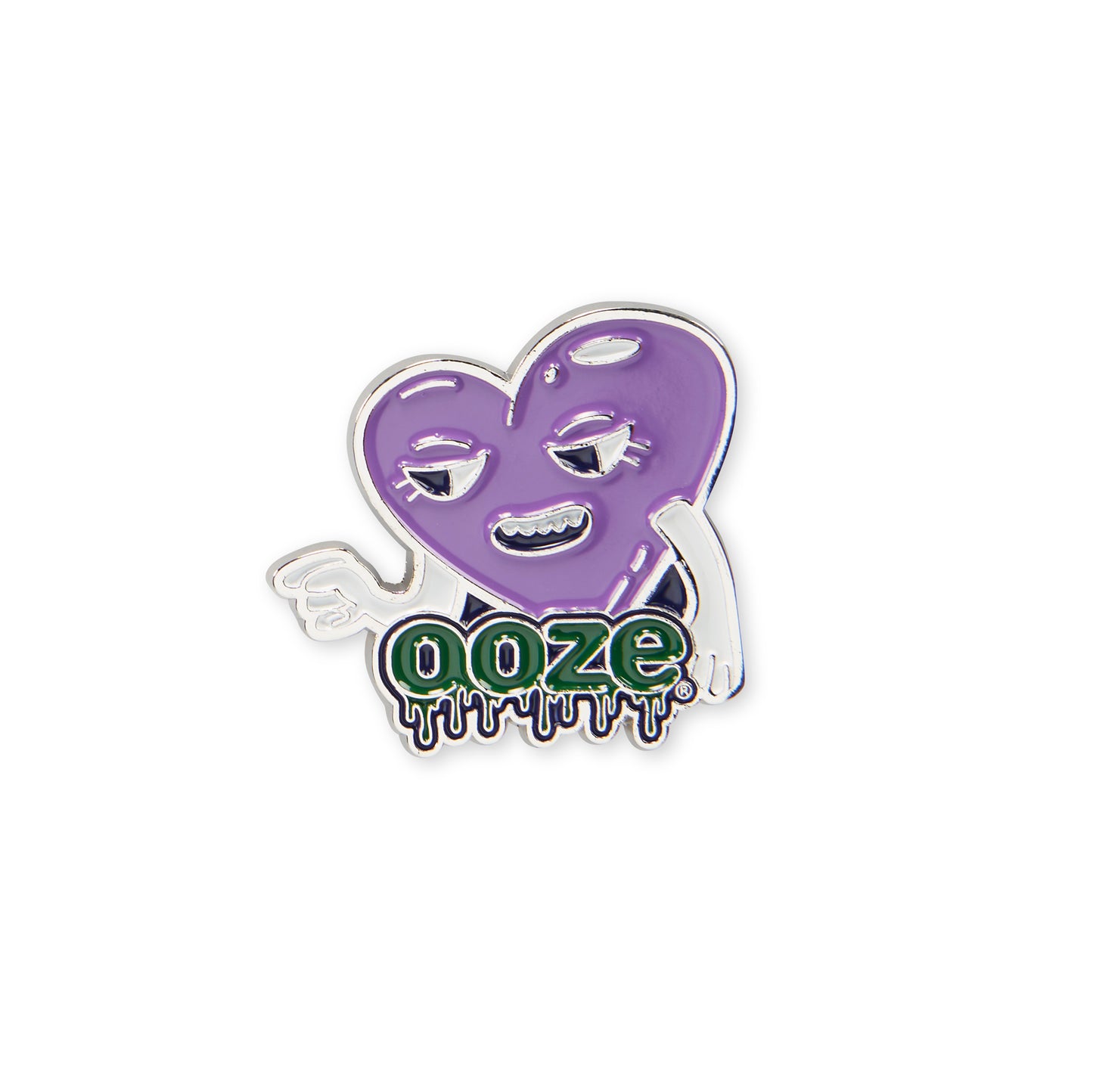 The Ooze Chroma Heart enamel pin has a purple heart with white arms and a face sitting on the Ooze logo