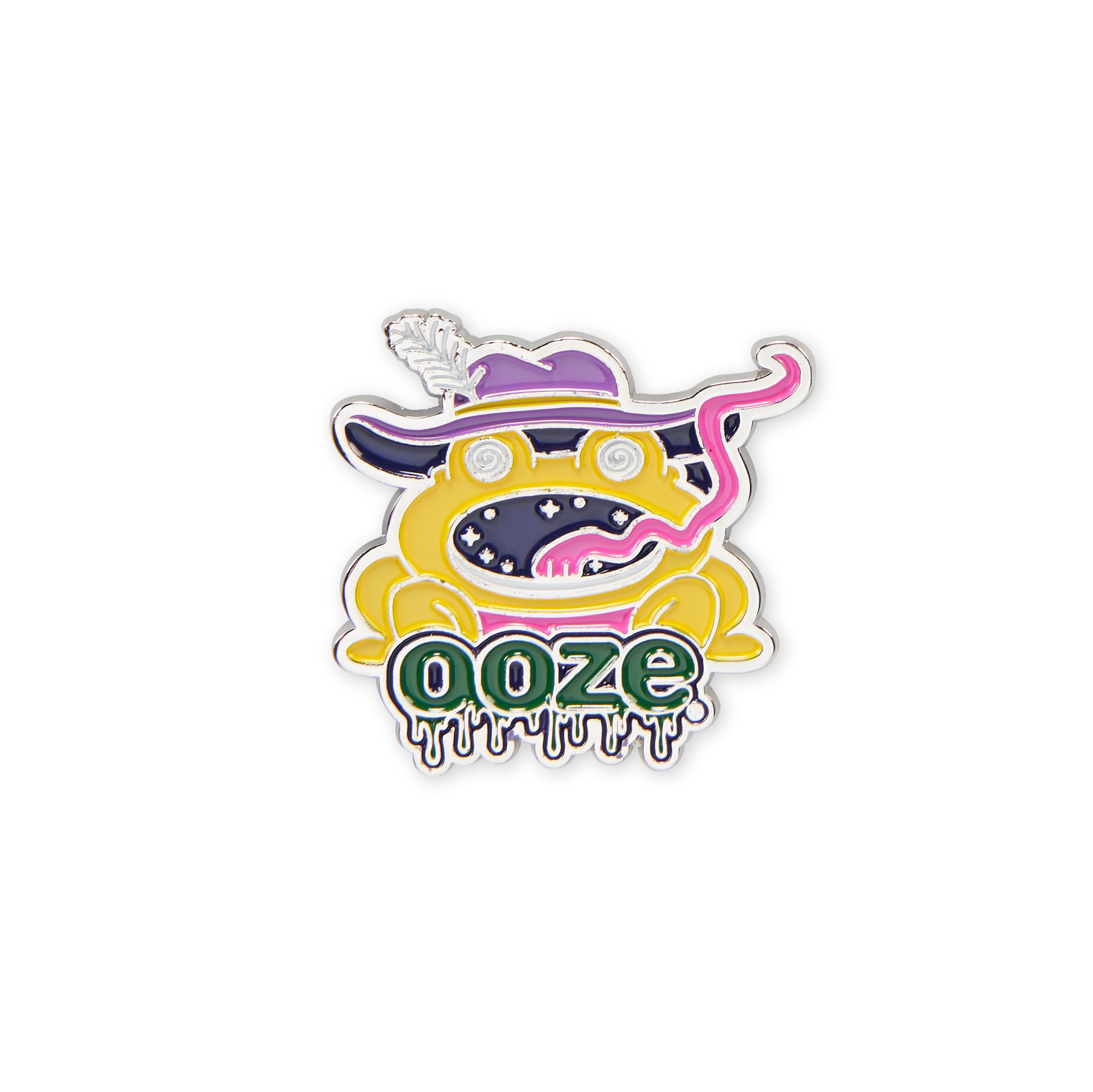 The Ooze Trippy Frog enamel pin has a yellow frog wearing a purple hat with his pink tongue out. He's sitting on the green Ooze logo