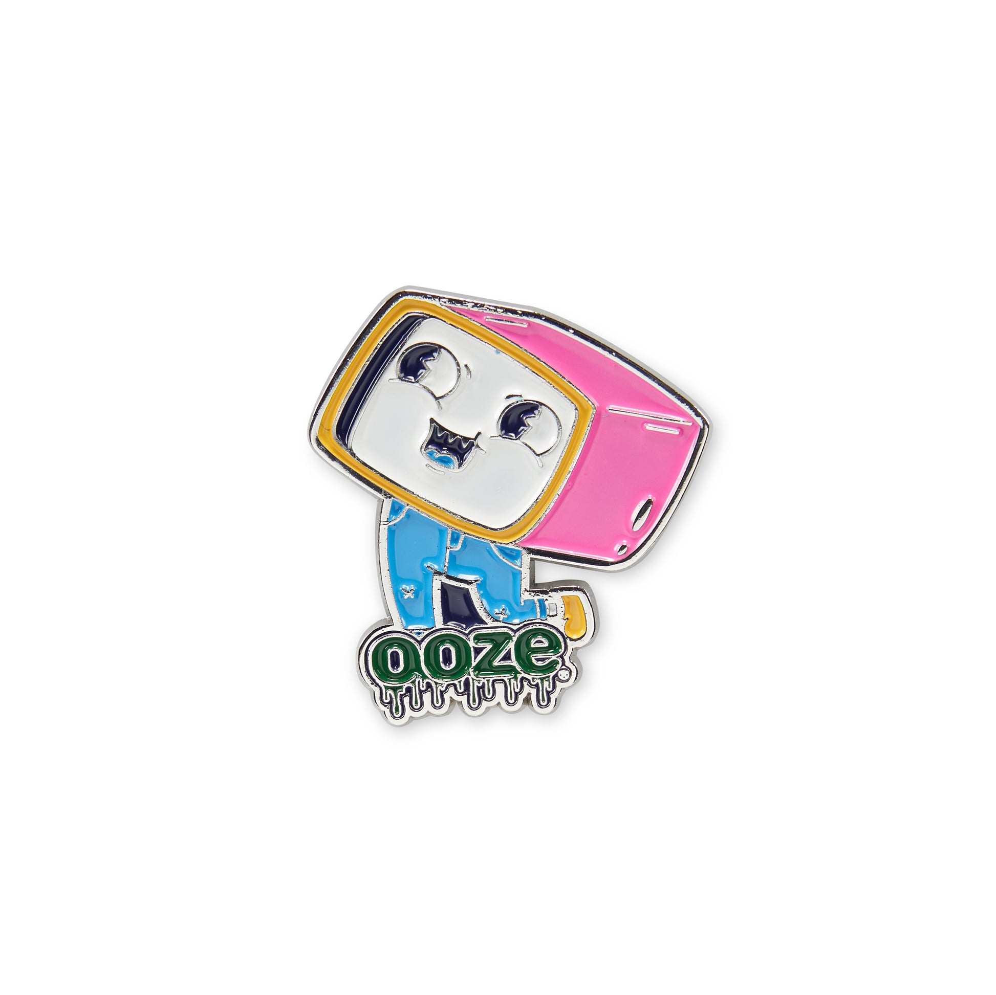 The TV Head Ooze enamel pin. It's a little dude with a pink TV for a head, white smiling face, and a pair of blue jeans above the Ooze logo