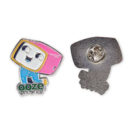 The front and back or the Ooze TV Head enamel pin. The front is colorful and the back is chrome with 1 metal backing.
