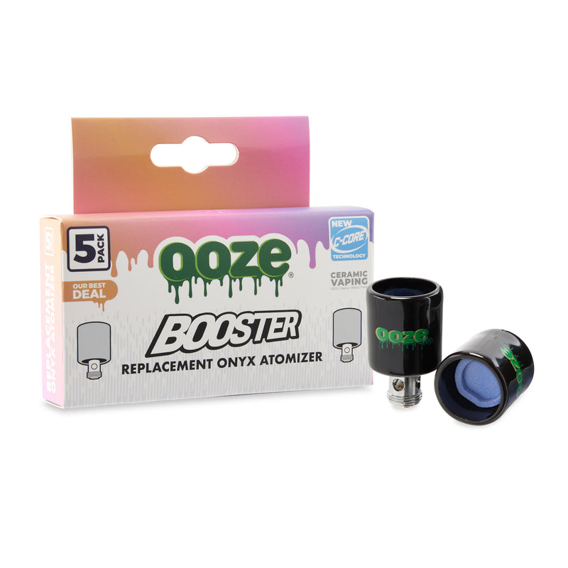 Two replacement Booster Onyx Atomizers next to the 5-pack box