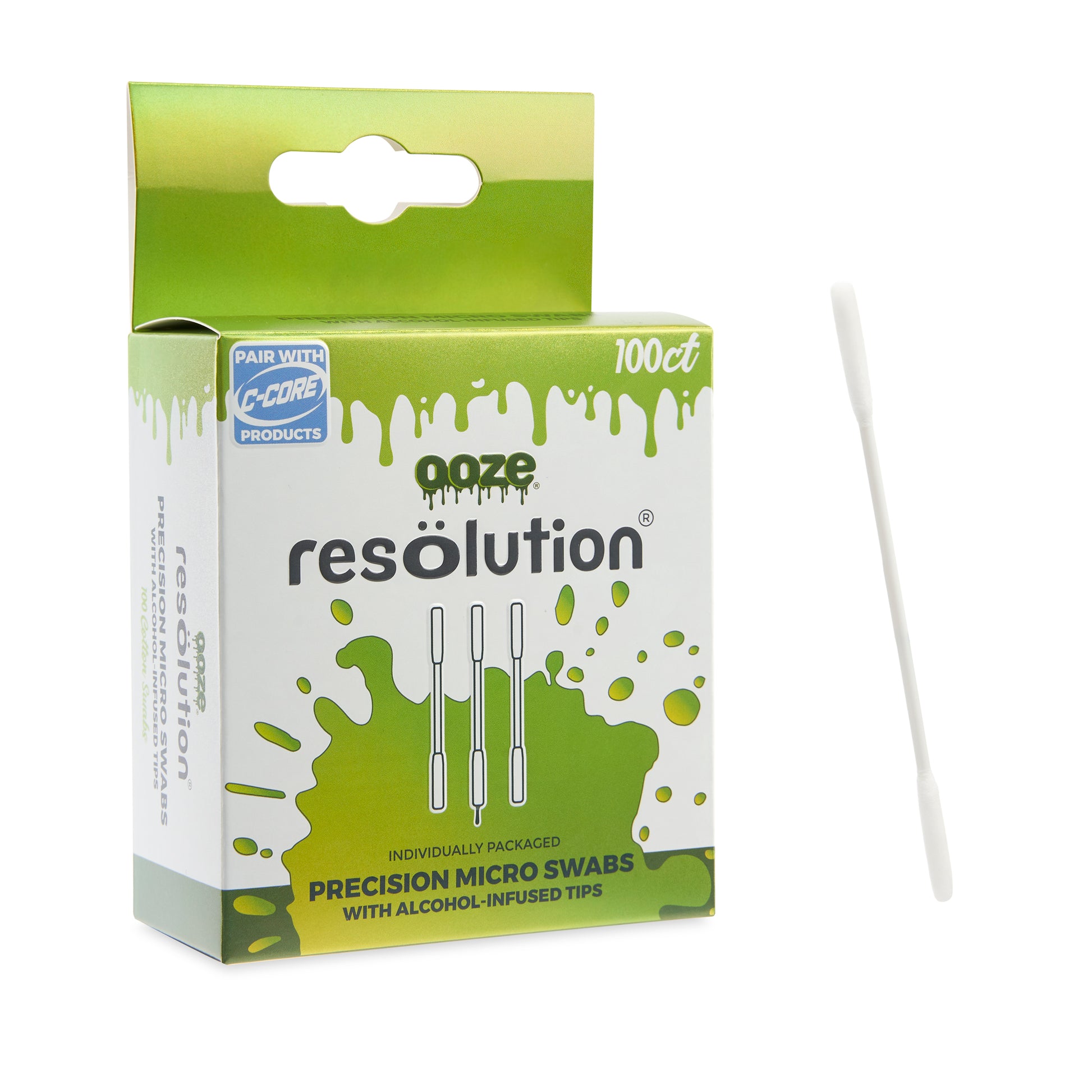 A single Ooze Resolution Micro Swab is standing on an angle next to a 100ct box of the swabs