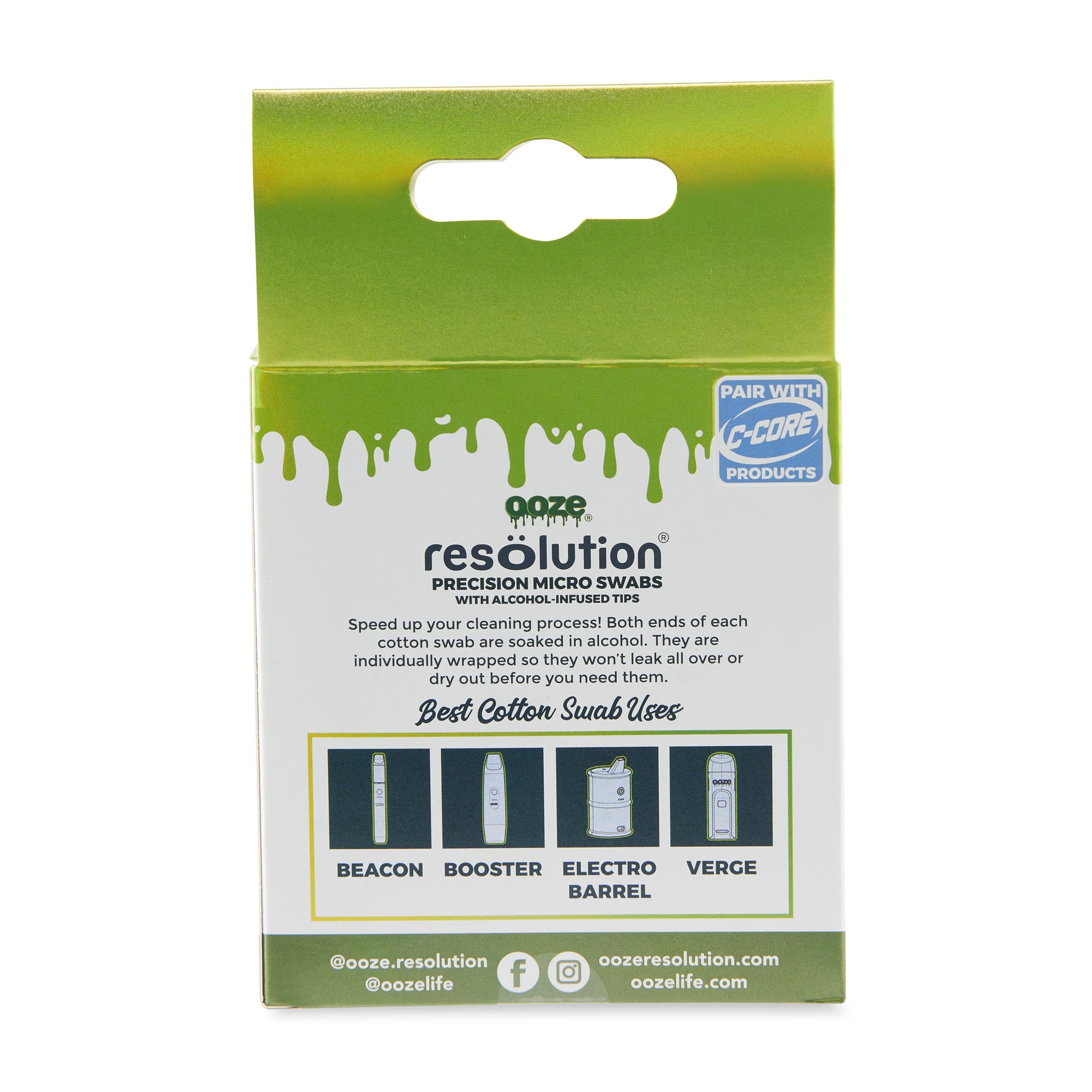 The back of a 100ct box of Ooze Resolution Micro Swabs