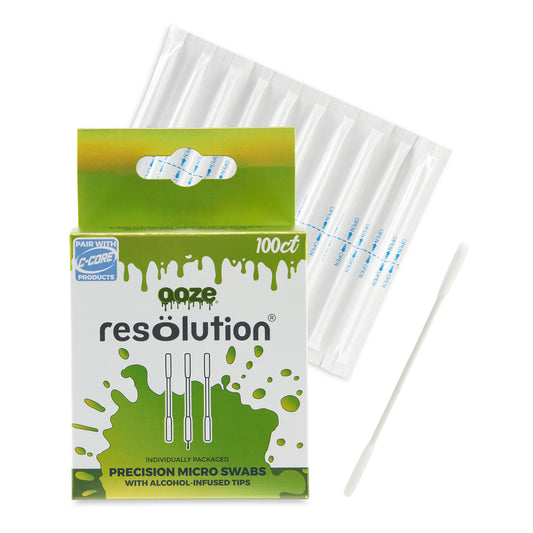 A 100ct box, a 10ct roll, and a single Ooze Resolution Micro Swab are displayed together