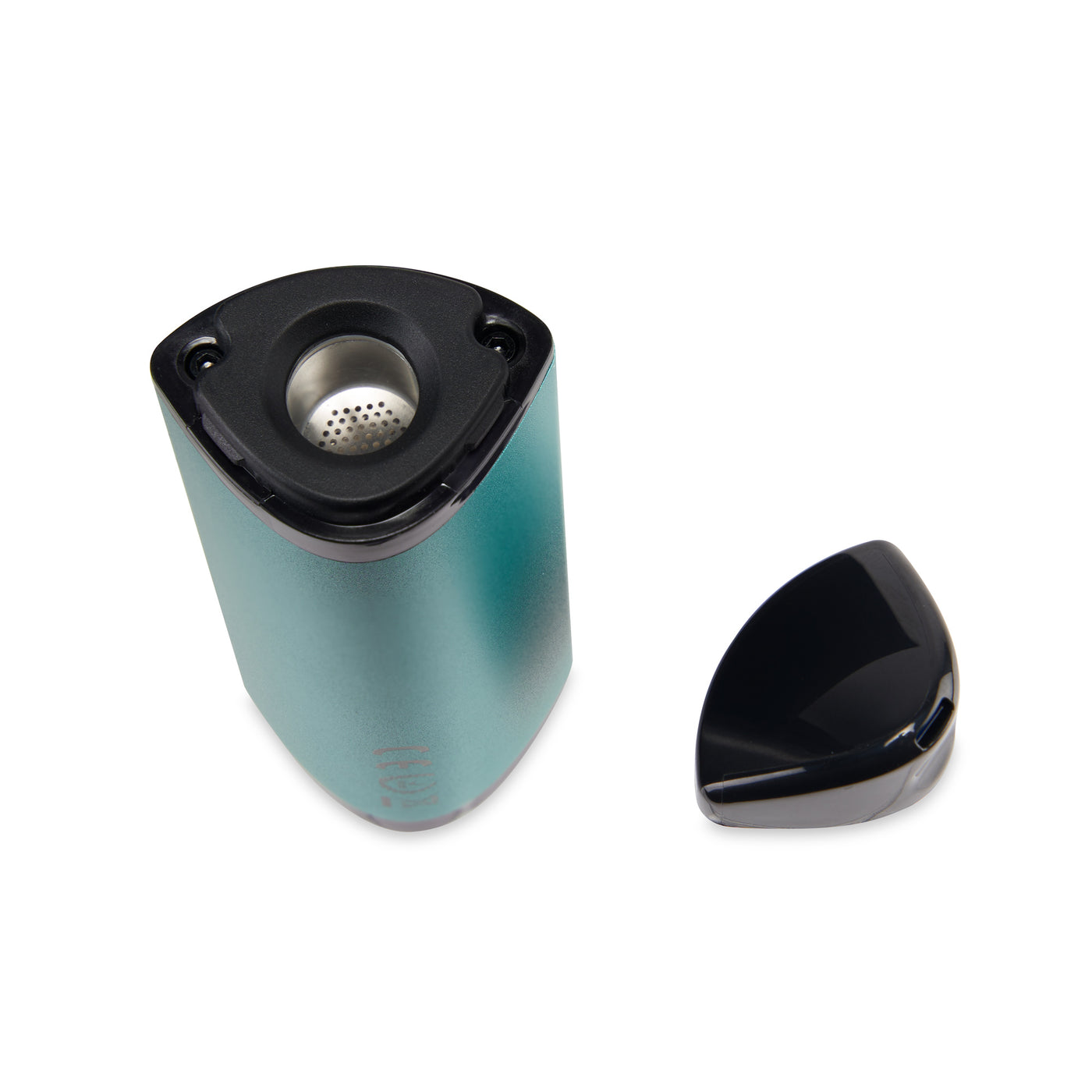 Overhead view of Blue Drought dry herb vaporizer with cap removed and set aside