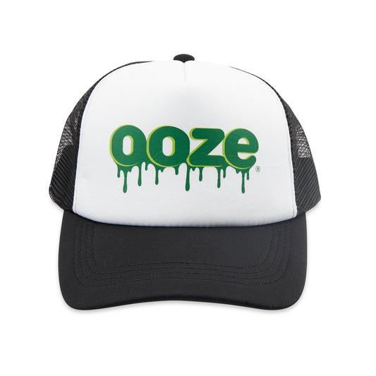 The black and white Ooze Trucker Hat is facing the camera straight-on