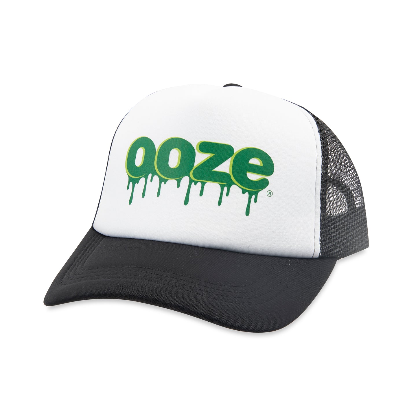 The black and white Ooze Trucker Hat is angled slightly to the left to show the black mesh back