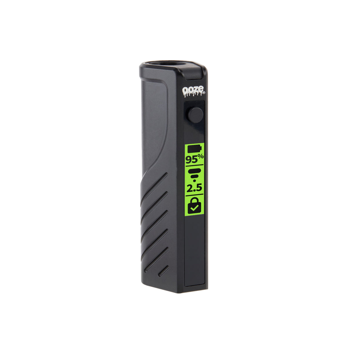 Angled view of black Novex 2 battery with the screen turned on