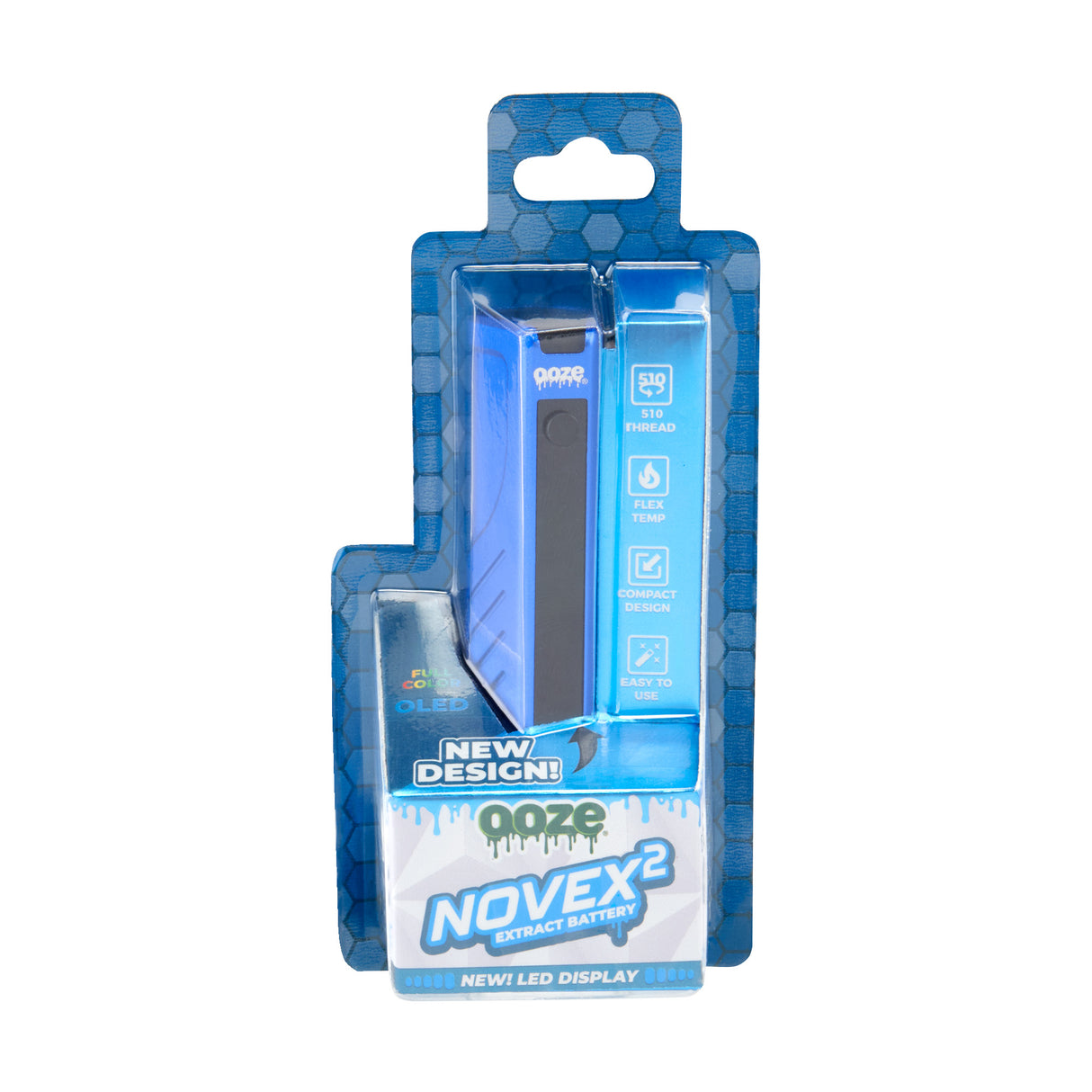 Diagonal view of Novex 2 Blue THC Vape Pen in box