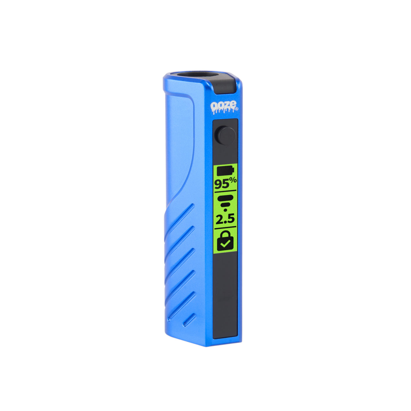 Angled view of Blue Novex 2 battery with screen turned on