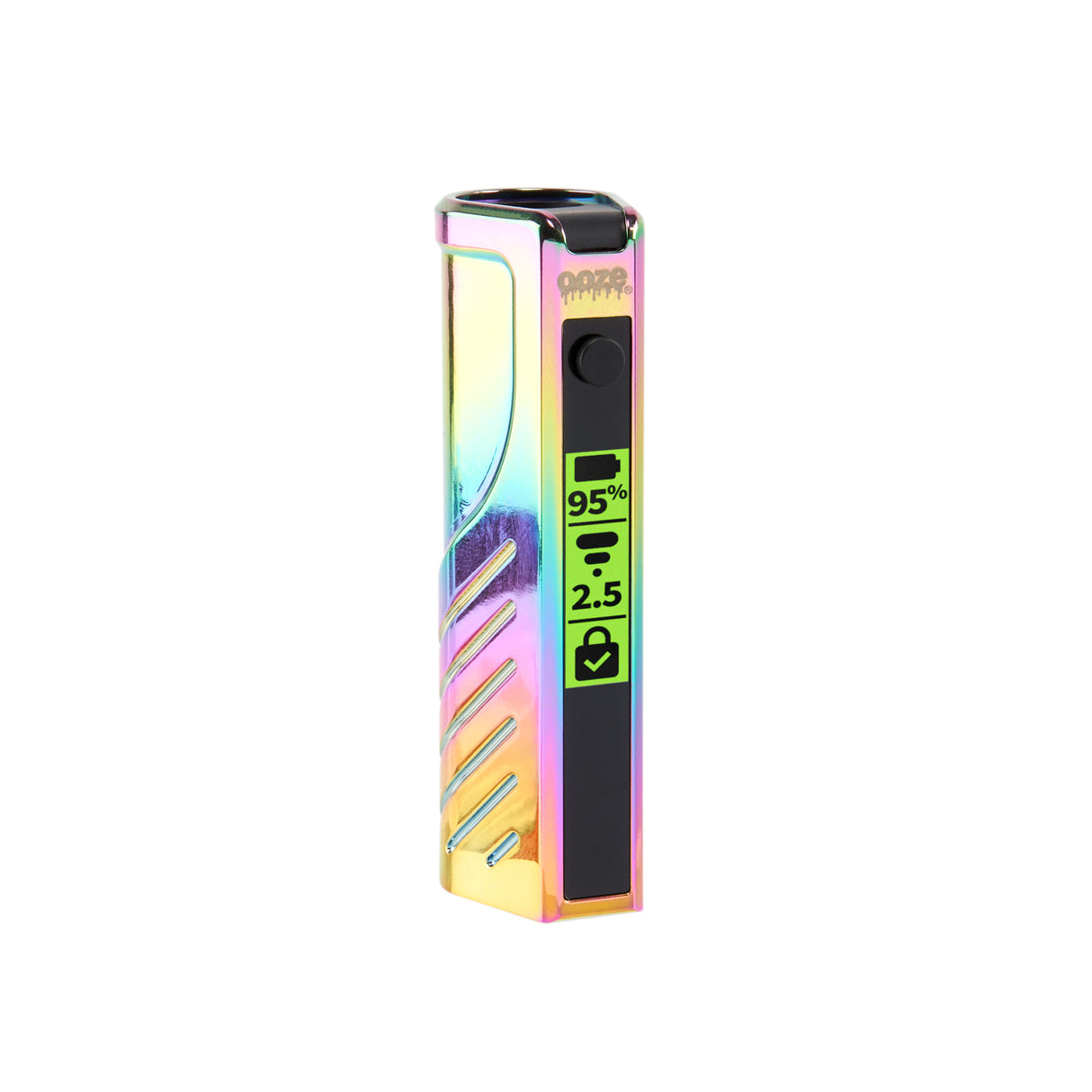 Angled view of rainbow Novex 2 battery with the screen turned on