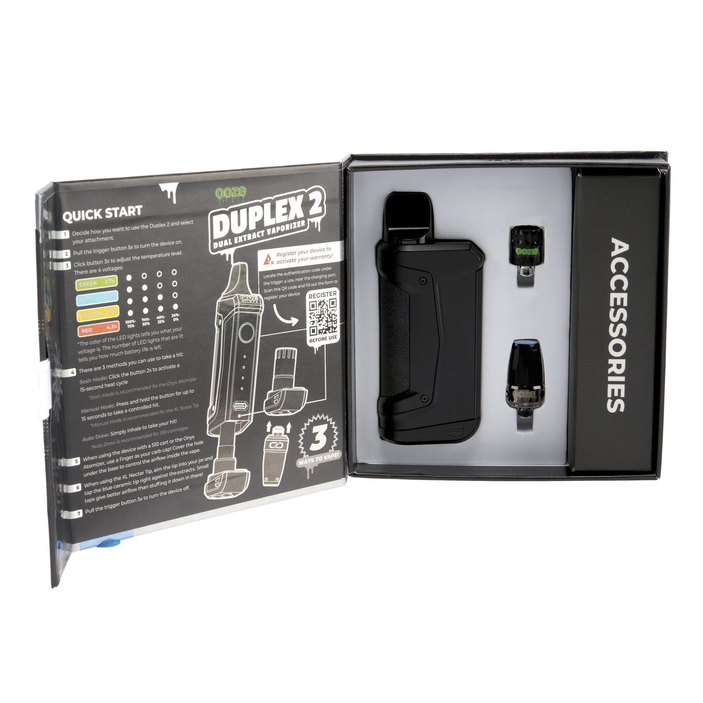 The panther black Ooze Duplex 2 extract vaporizer is shown in the box
