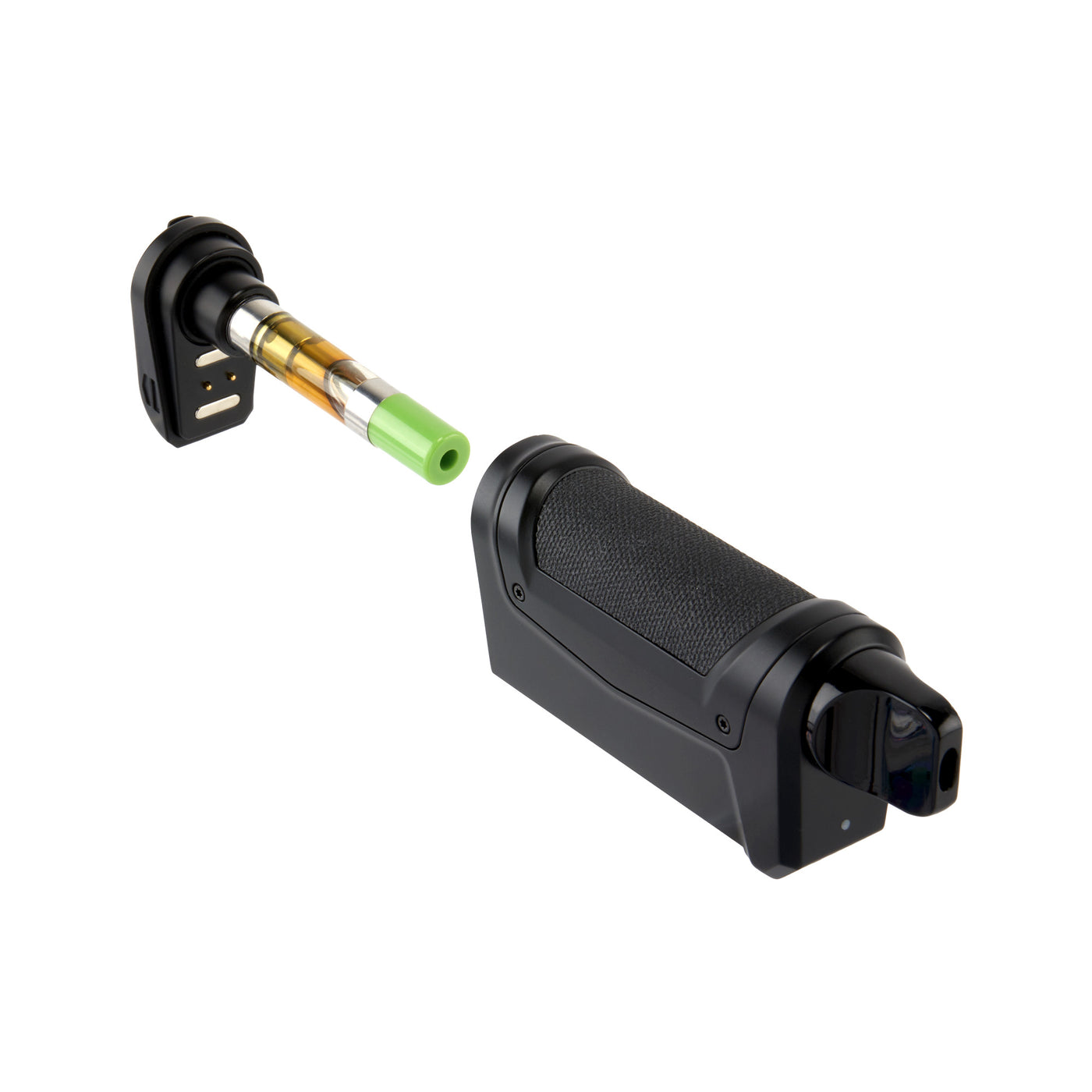 oil cartridge being shown and removed from bottom of Duplex 2 black concentrate vaporizer