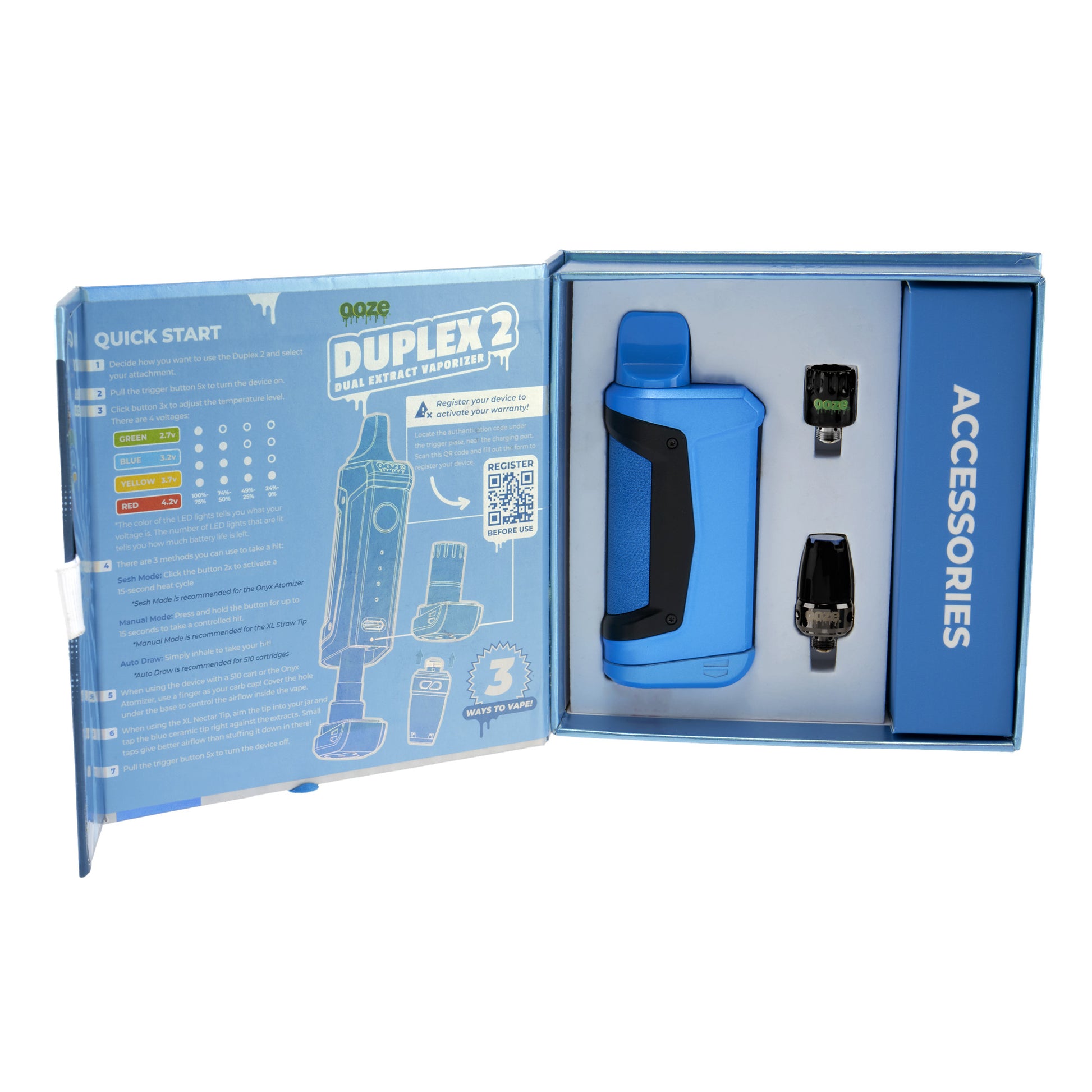 The arctic blue Ooze Duplex 2 extract vaporizer is shown in the box