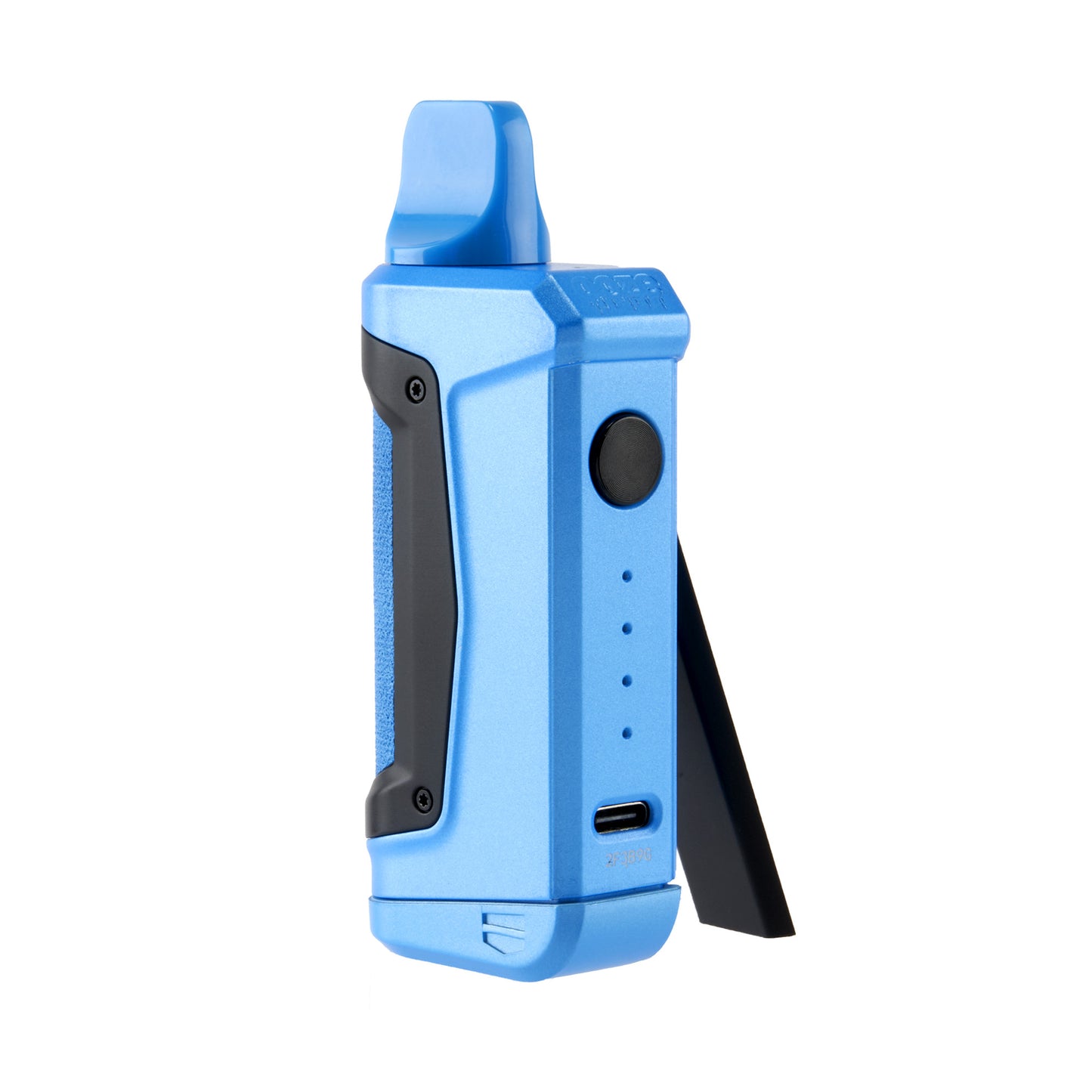 The arctic blue Ooze Duplex 2 extract vaporizer is shown with the magnetic plate leaning against it to show the interface