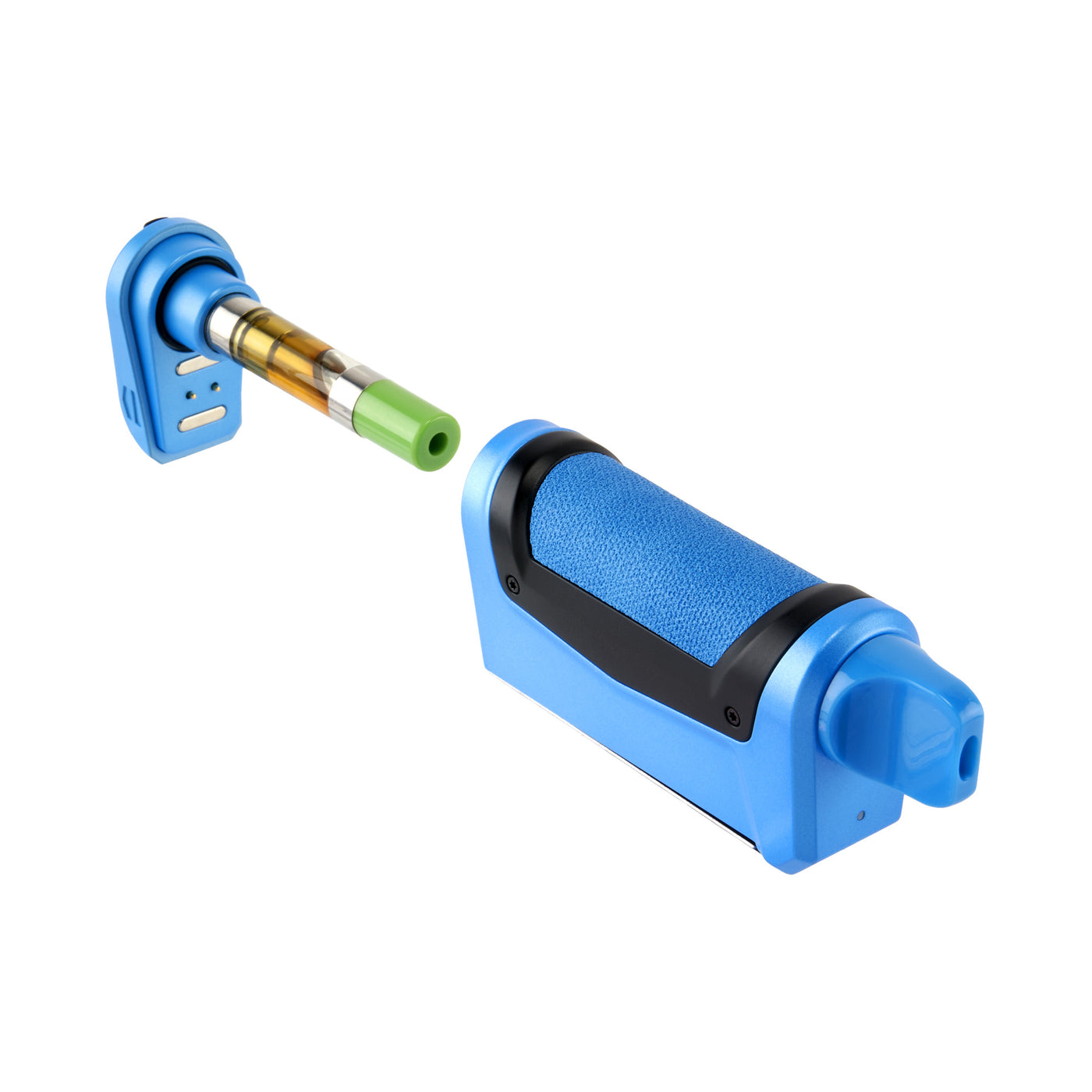 oil cartridge being shown and removed from bottom of Duplex 2 blue concentrate vaporizer