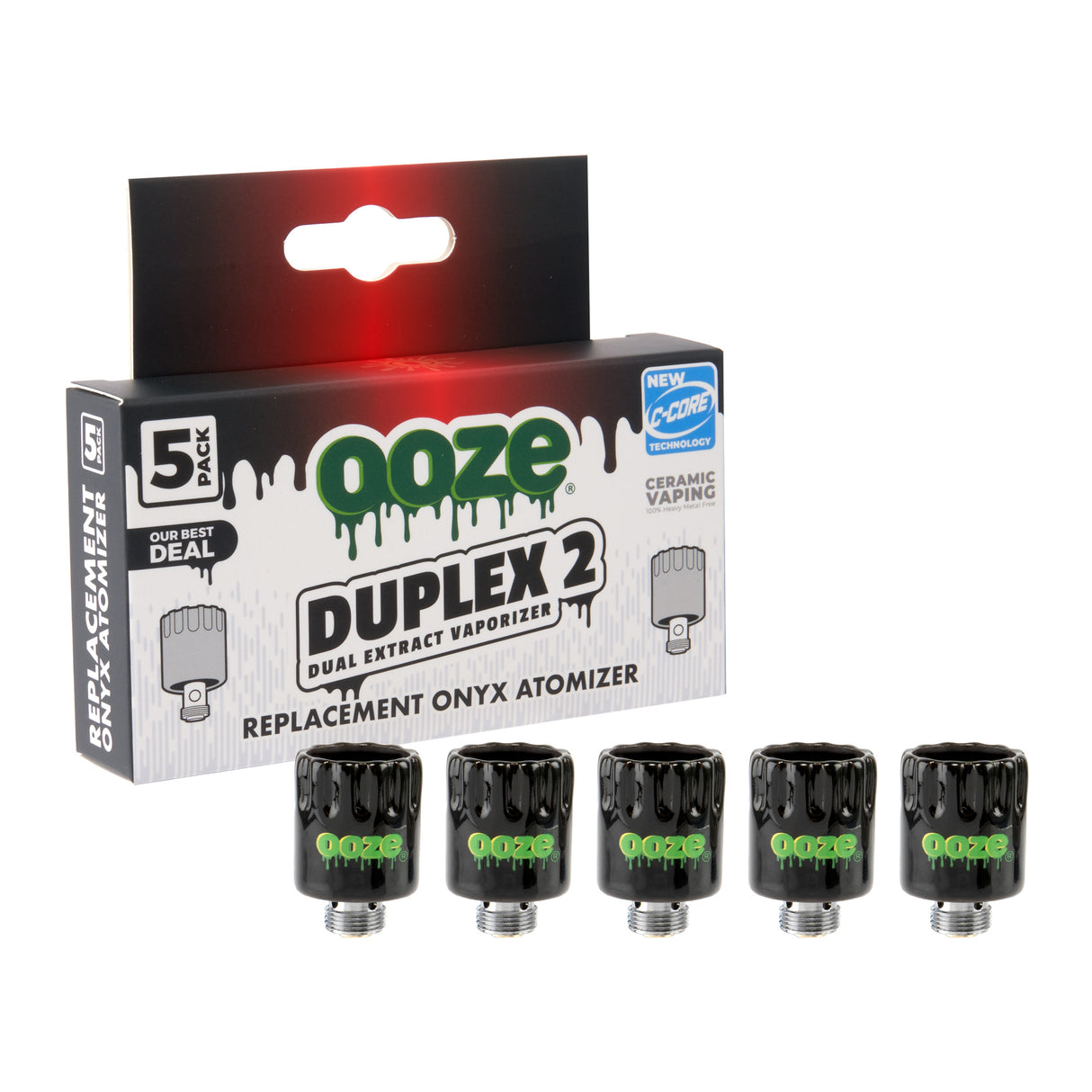 5-pack of replacement Duplex 2 Onyx Atomizers next to the box
