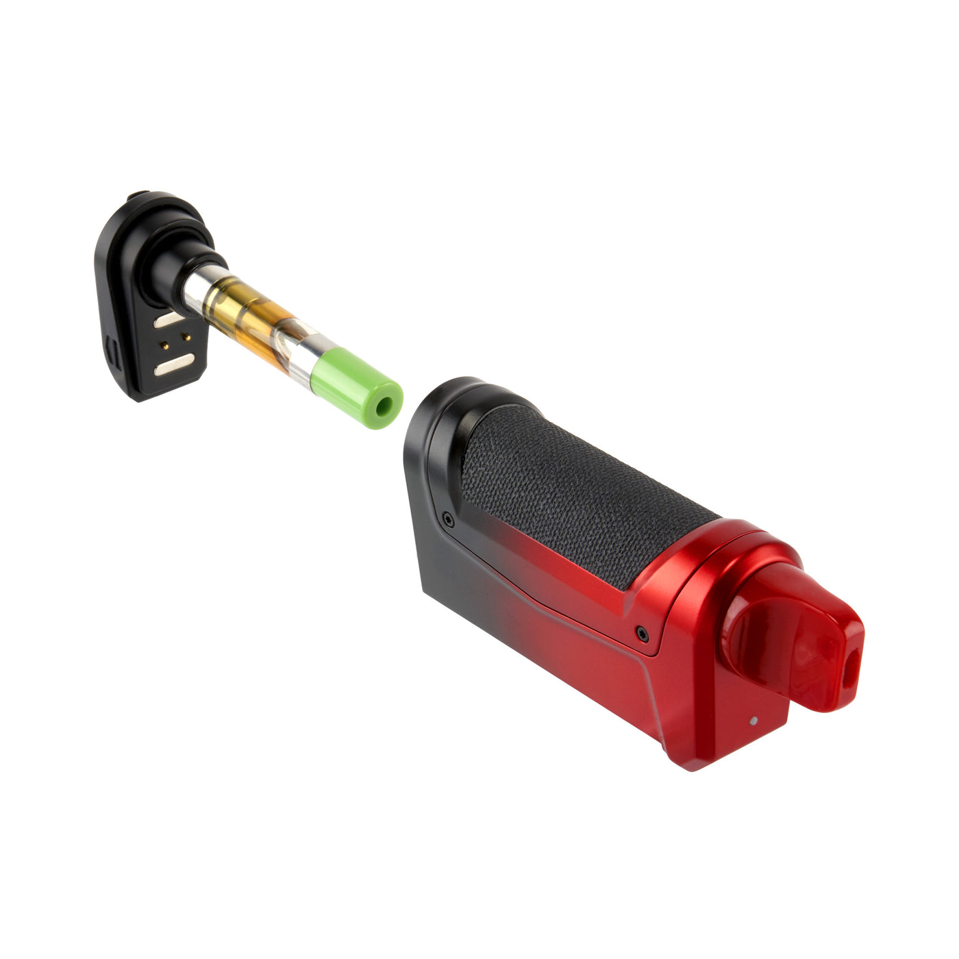 oil cartridge being shown and removed from bottom of Duplex 2 red and black concentrate vaporizer