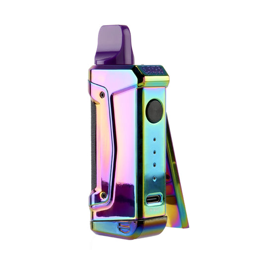 The rainbow Ooze Duplex 2 extract vape is shown with the magnetic trigger plate leaning against the side