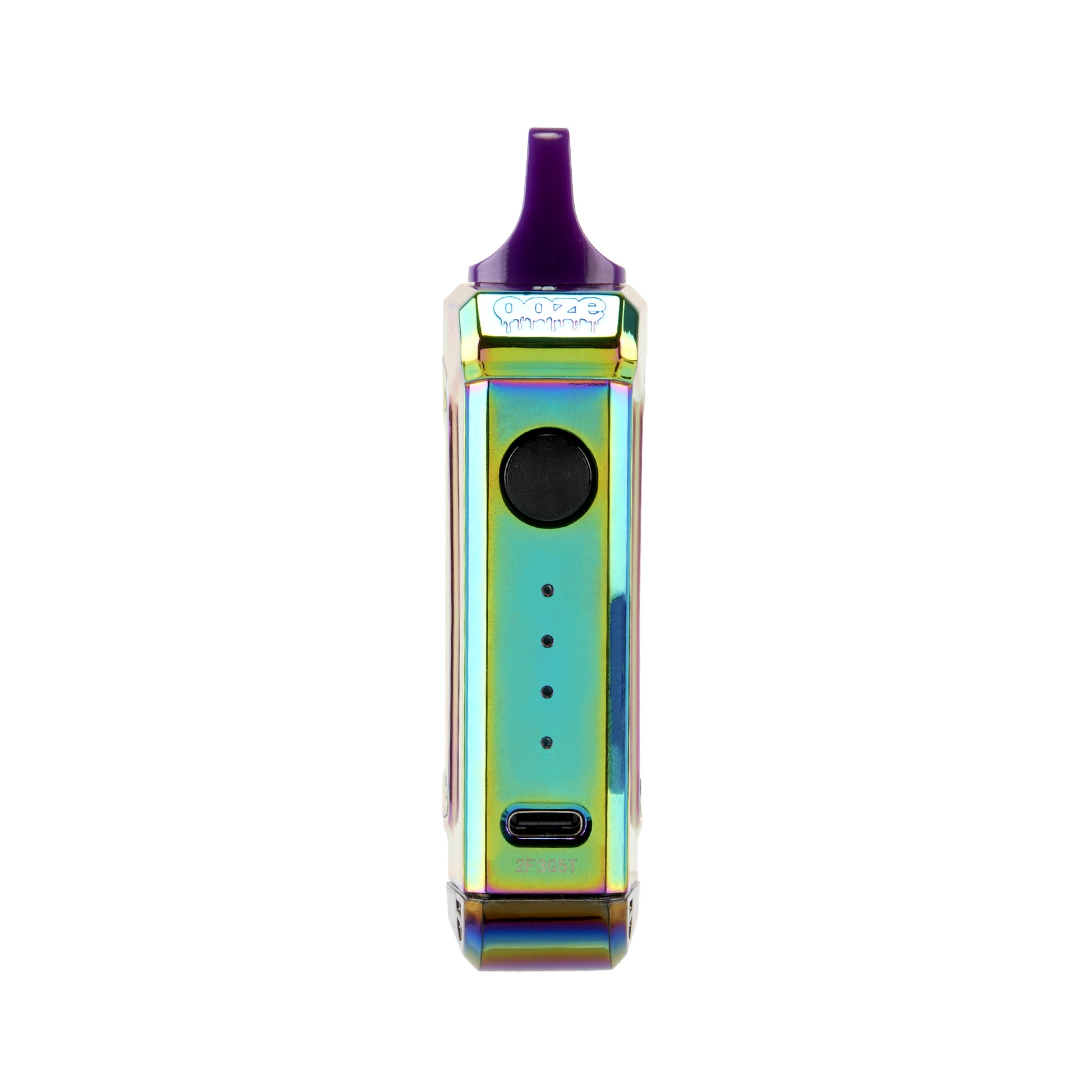 The rainbow Ooze Duplex 2 extract vape has the magnetic plate removed to show the interface