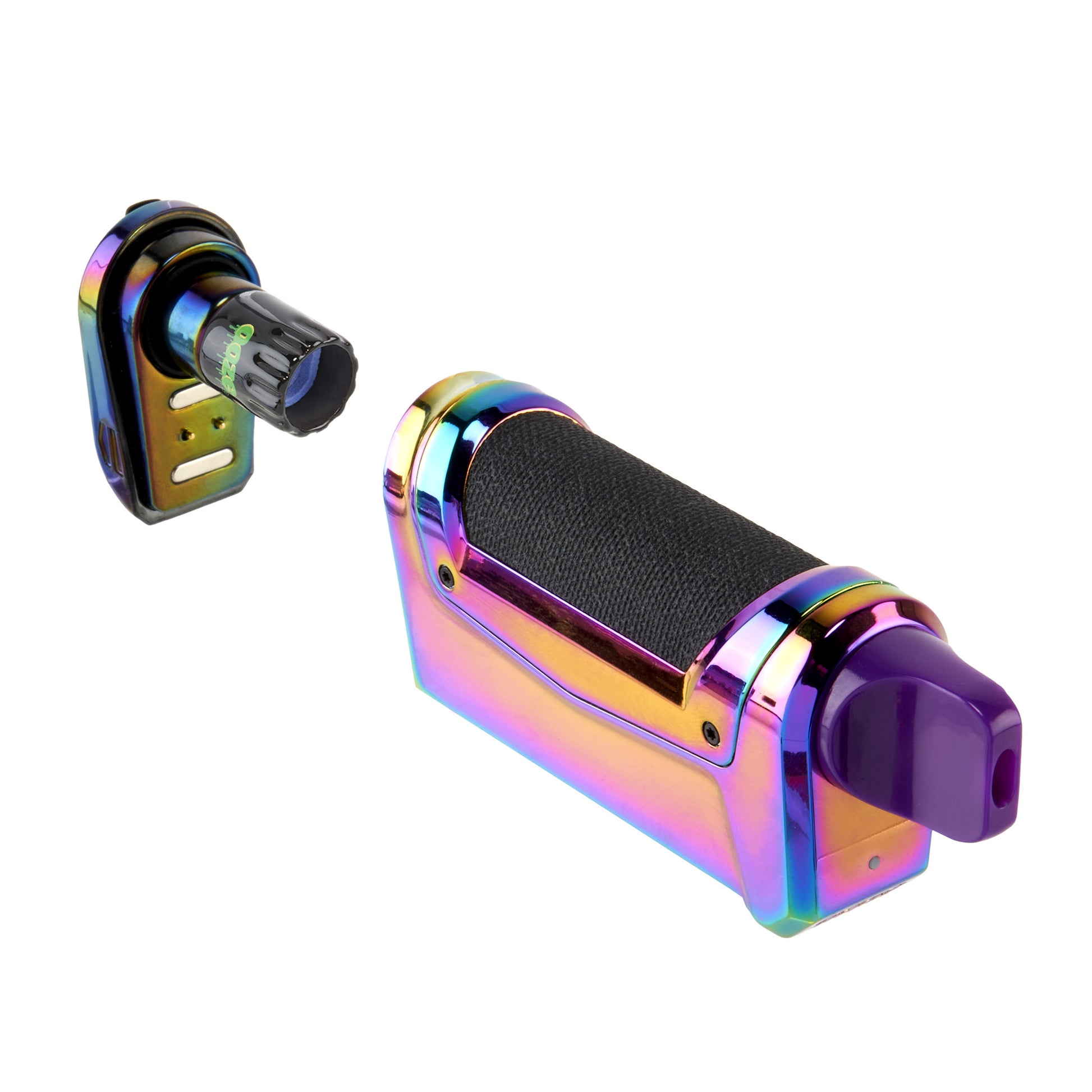 The rainbow Ooze Duplex 2 extract vape is shown on its side with the base removed to show the connected Onyx Atomizer