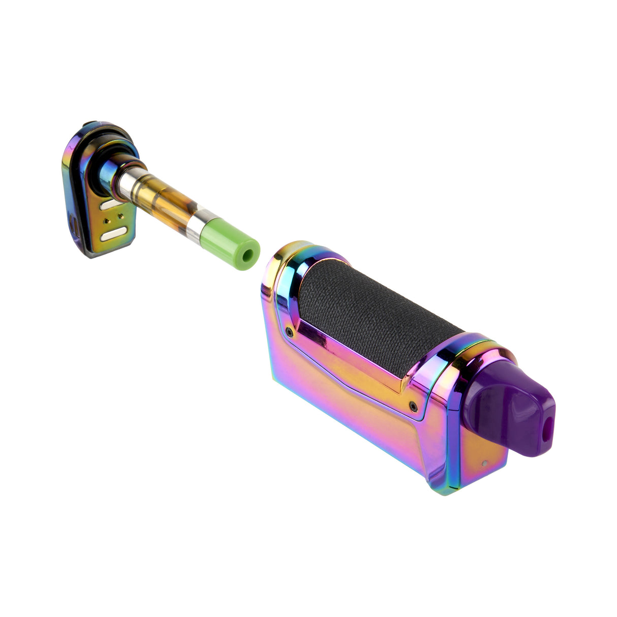 The rainbow Ooze Duplex 2 extract vape is shown on its side with the base removed to show the connected 510 oil cartridge