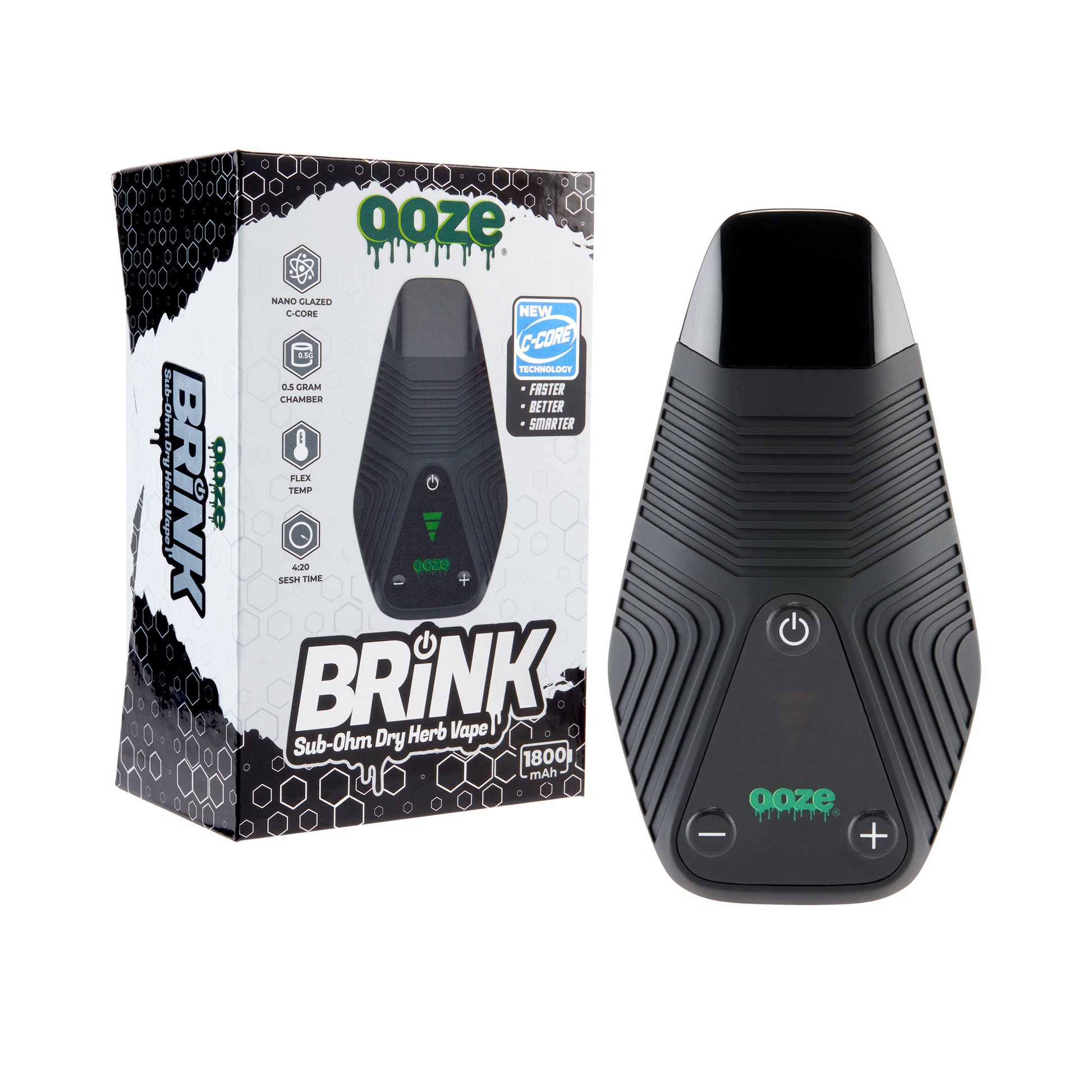 The panther black Ooze Brink dry herb vape is shown next to the box