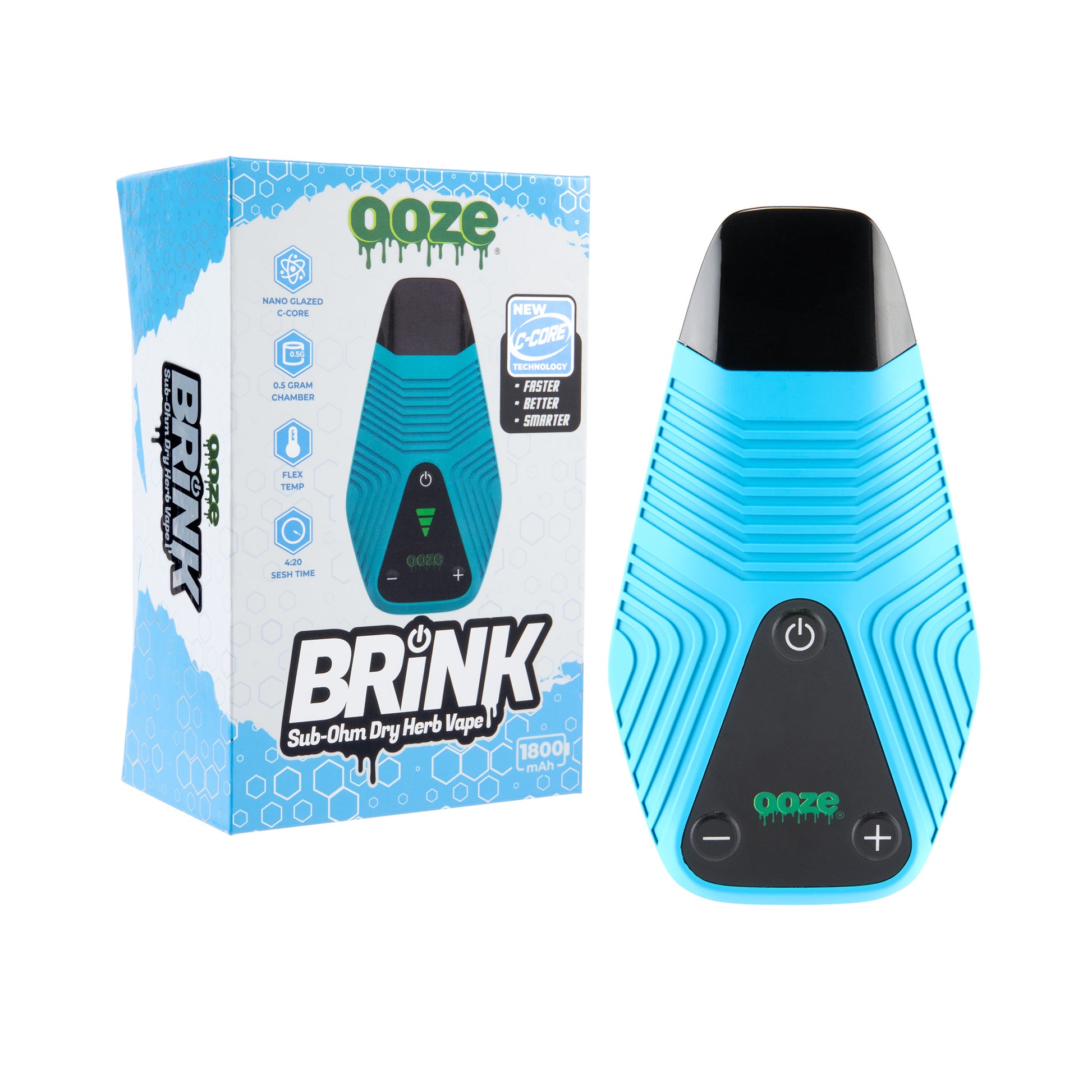 The sapphire blue Ooze Brink dry herb vape is shown next to the box