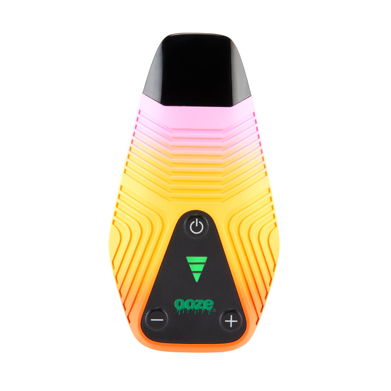 Front view of Brink pink and yellow dry herb vaporizer
