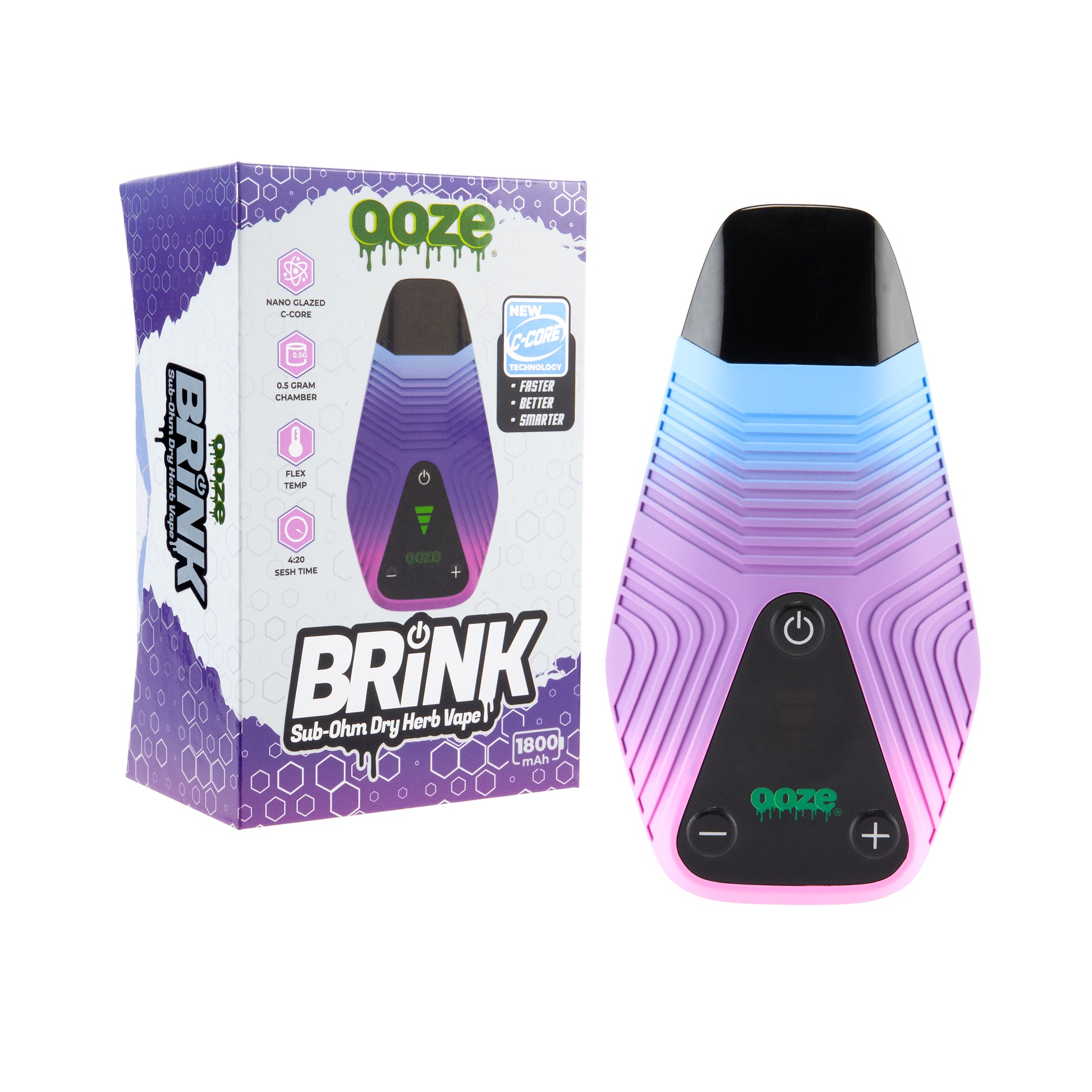 The twilight Ooze Brink dry herb vape is shown next to the box