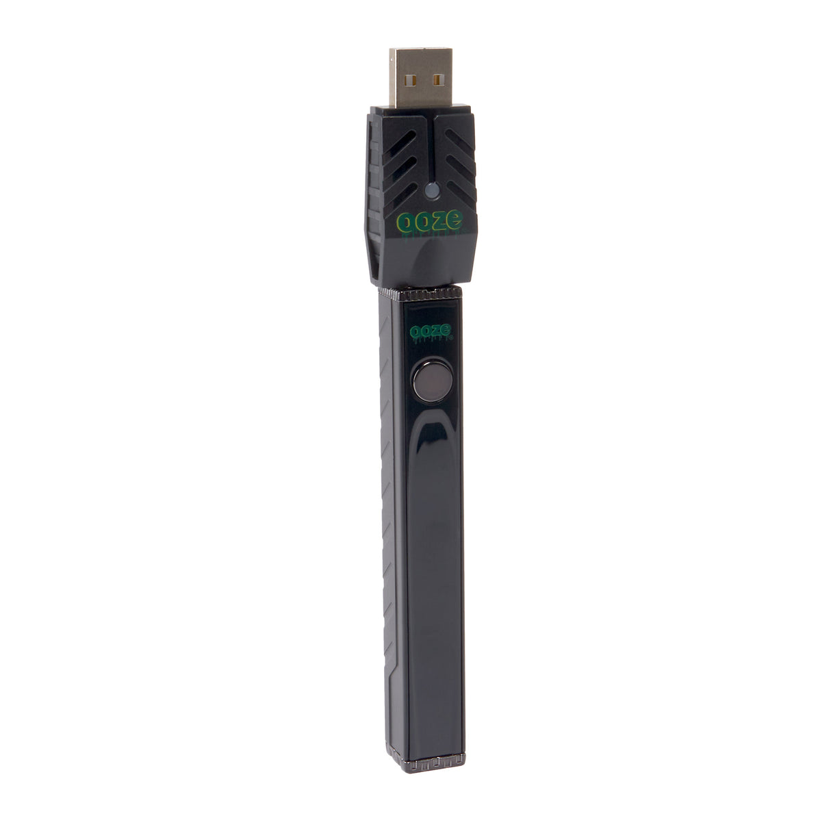 angled view of black Quad 2 square vape including USB charger