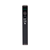 The Ooze Quad 2 black square vape has the digital screen on against a white background
