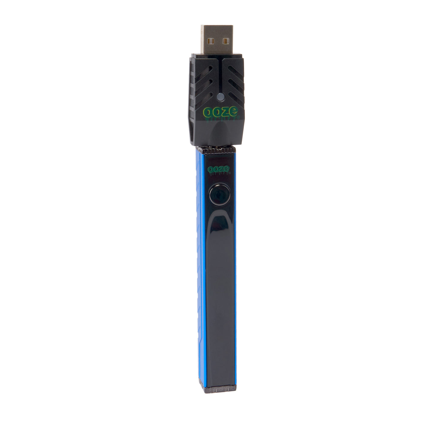 angled view of blue Quad 2 square vape including USB charger