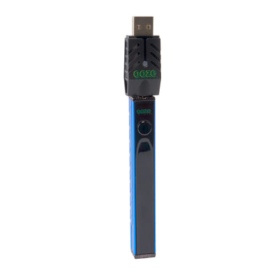 angled view of blue Quad 2 square vape including USB charger