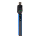 Angled view of the blue Ooze Quad 2 square vape with 510 charger attached on a white background