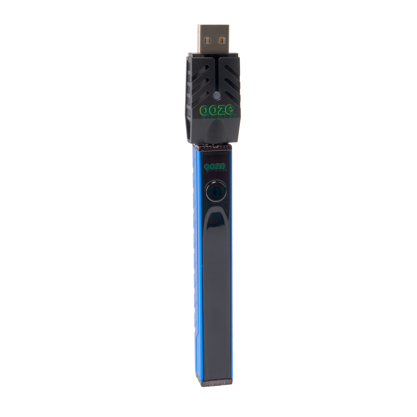 Angled view of the blue Ooze Quad 2 square vape with 510 charger attached on a white background