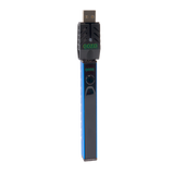 Angled view of the blue Ooze Quad 2 square vape with 510 charger attached on a white background