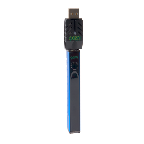 Angled view of the blue Ooze Quad 2 square vape with 510 charger attached on a white background