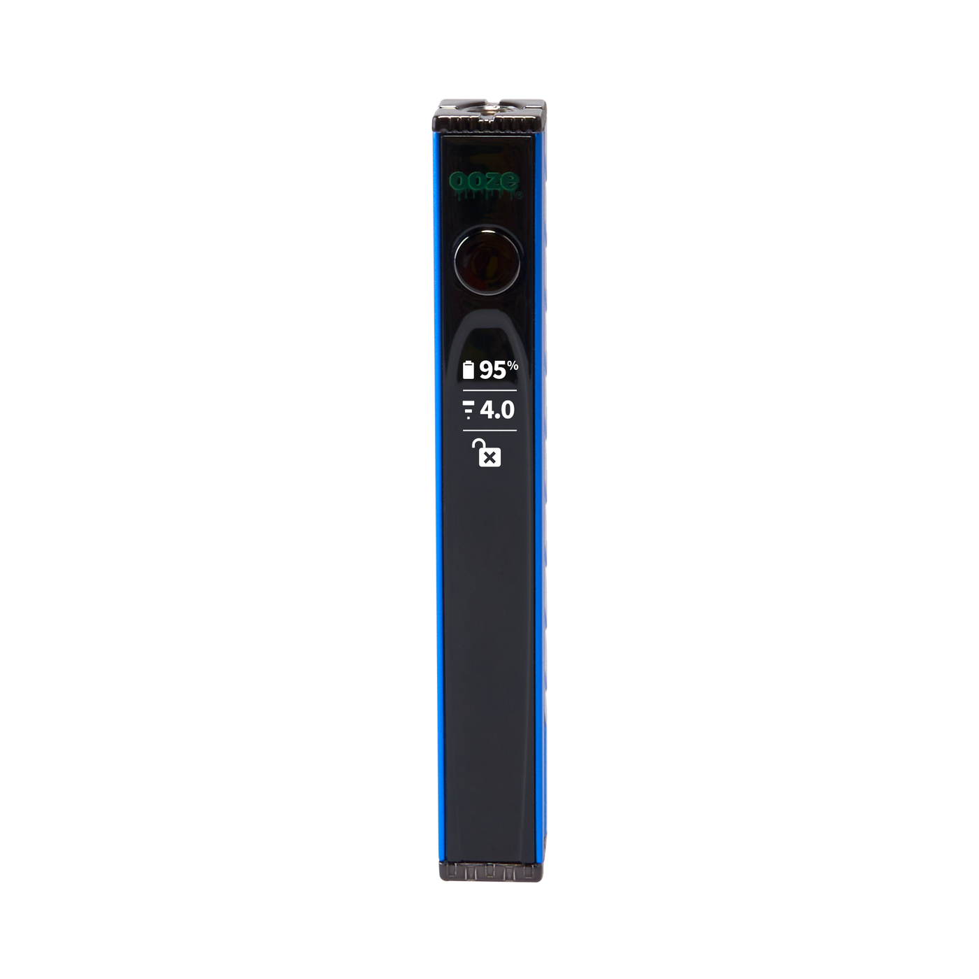 The blue Ooze Quad 2 square vape has the screen turned on against a white background